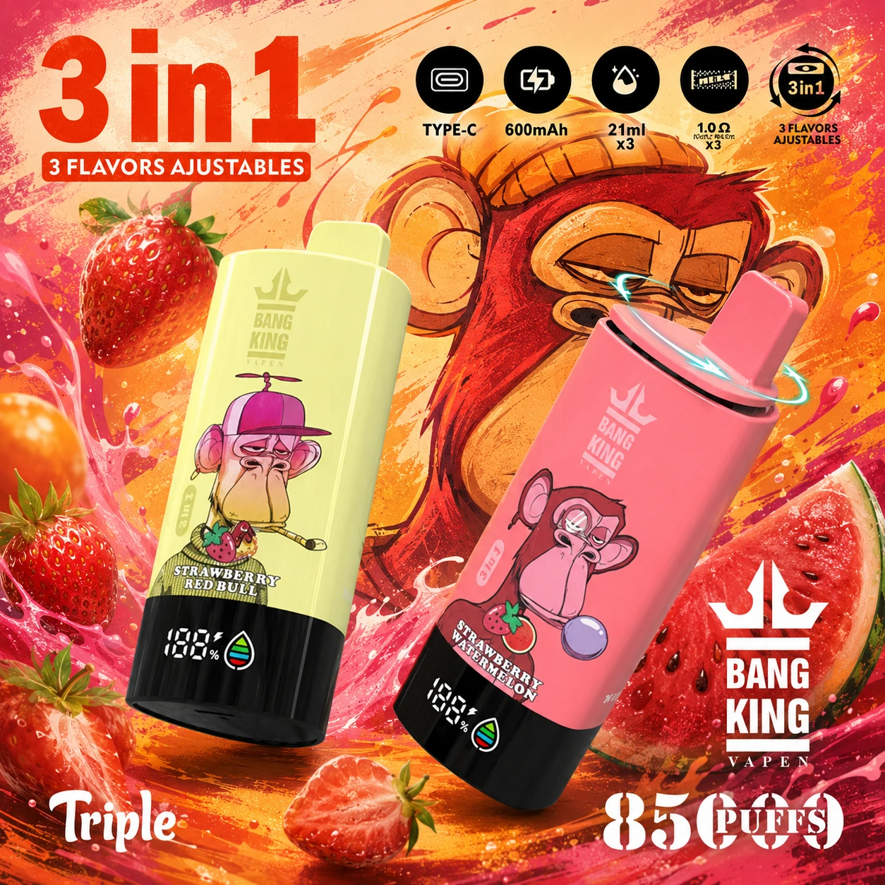 Bang King Triple 85K Vape Strawberry Red Bull and Strawberry Watermelon 3-in-1 disposable vape with fruit flavor variety and up to 85,000 puffs