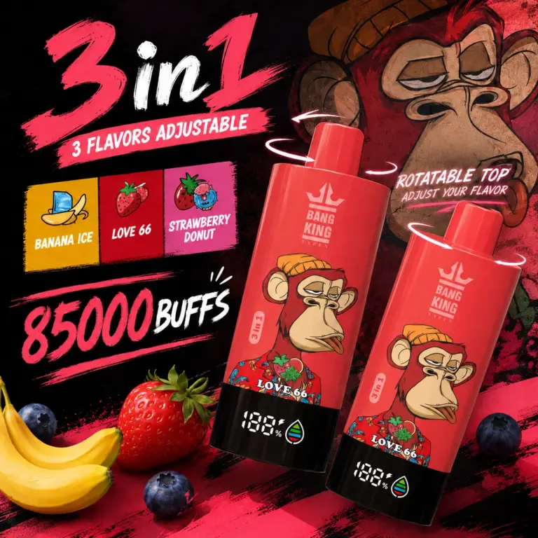 Bang King Triple 85K Vape Banana Ice Love 66 Strawberry Donut 3-in-1 disposable vape with adjustable flavors and up to 85,000 puffs