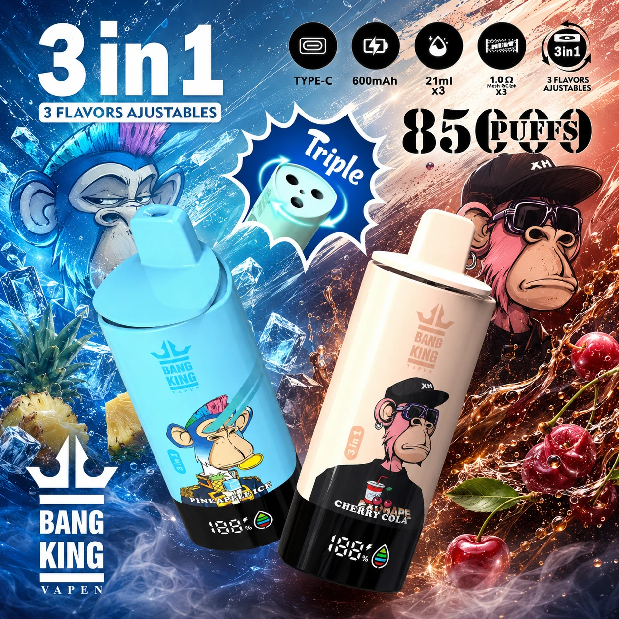 Bang King Triple 85K Vape Pineapple Ice and Cherry Cola 3-in-1 disposable vape with Type-C rechargeable design and up to 85,000 puffs