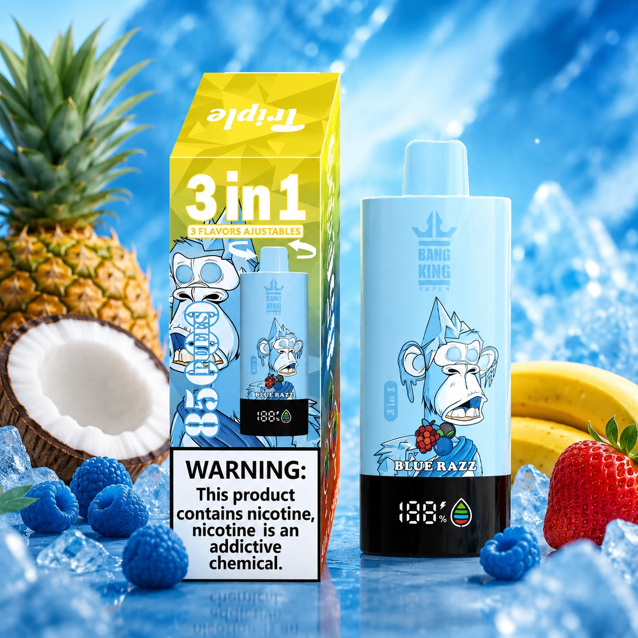 Bang King Triple 85K Vape Pineapple Coconut Strawberry Banana Blue Razz 3-in-1 disposable vape with up to 85,000 puffs