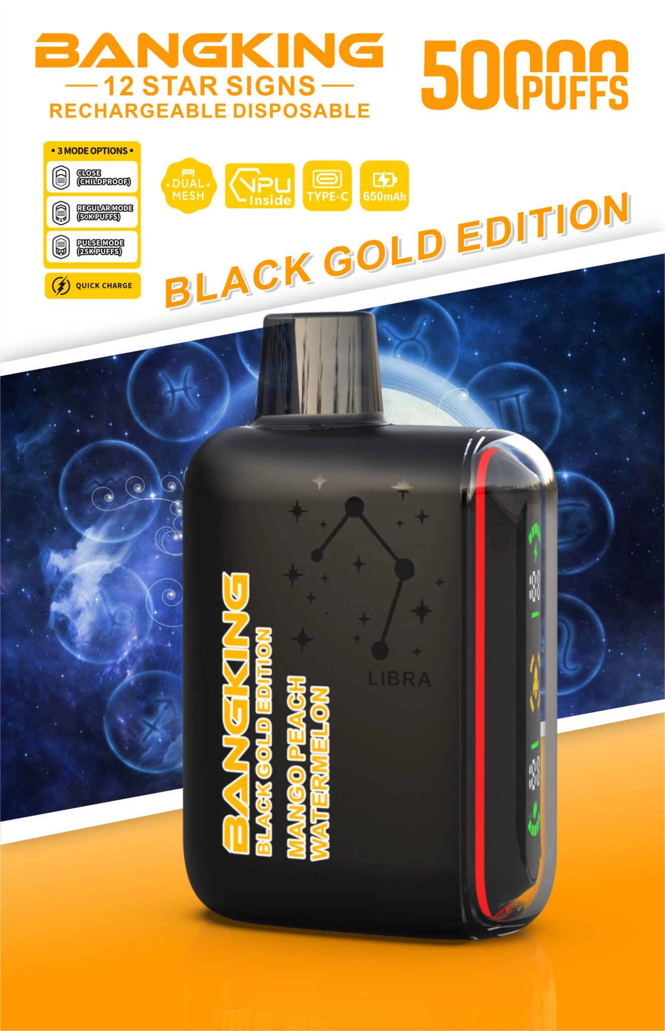 Bang King Zodiac 50000 Puffs Vape in Mango Peach Watermelon, featuring Libra artwork, LED display and Black Gold Edition styling.