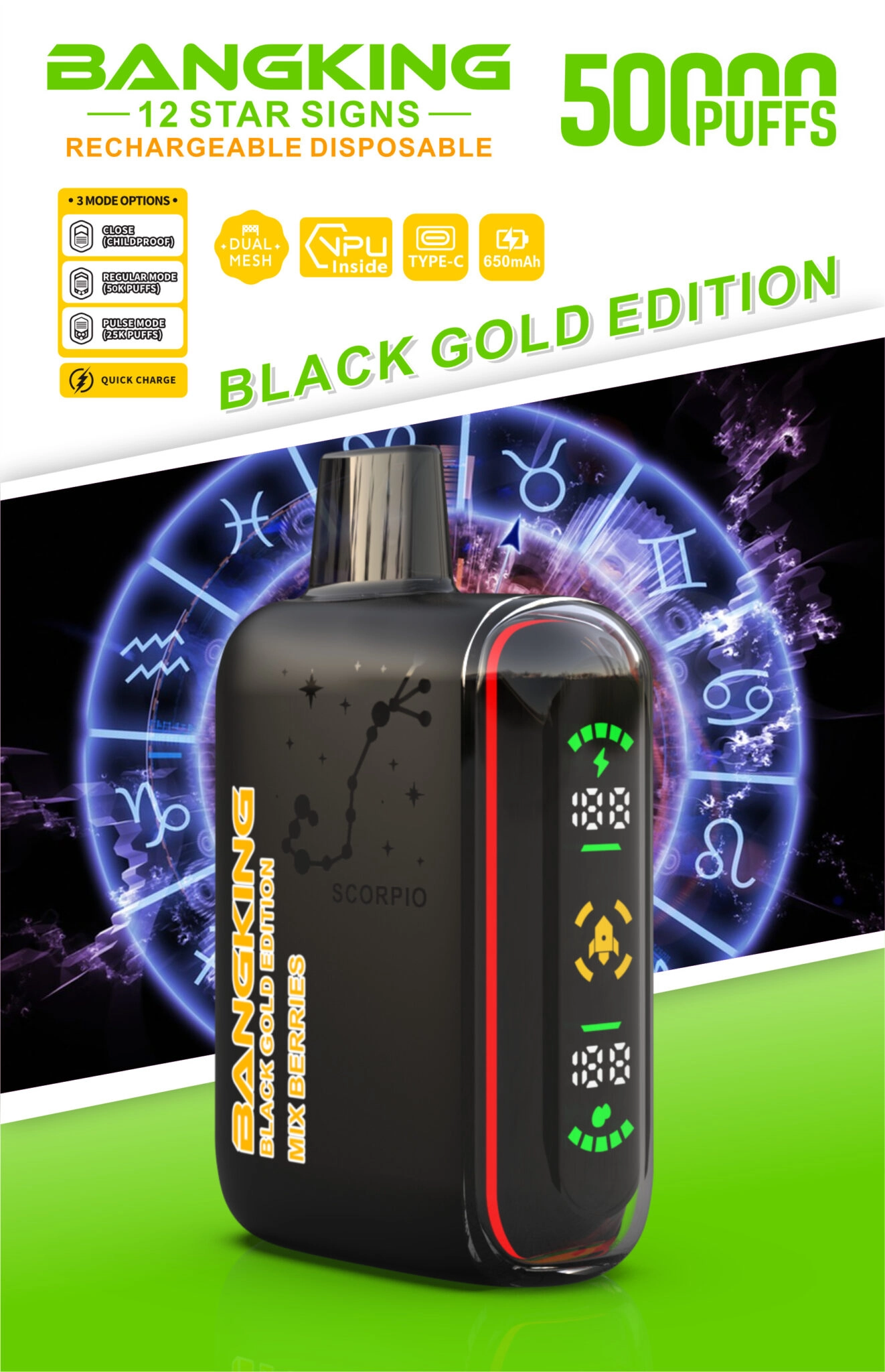 Bang King Zodiac 50000 Puffs Vape in Mix Berries, shown with Scorpio constellation artwork, LED status display and Black Gold Edition design.