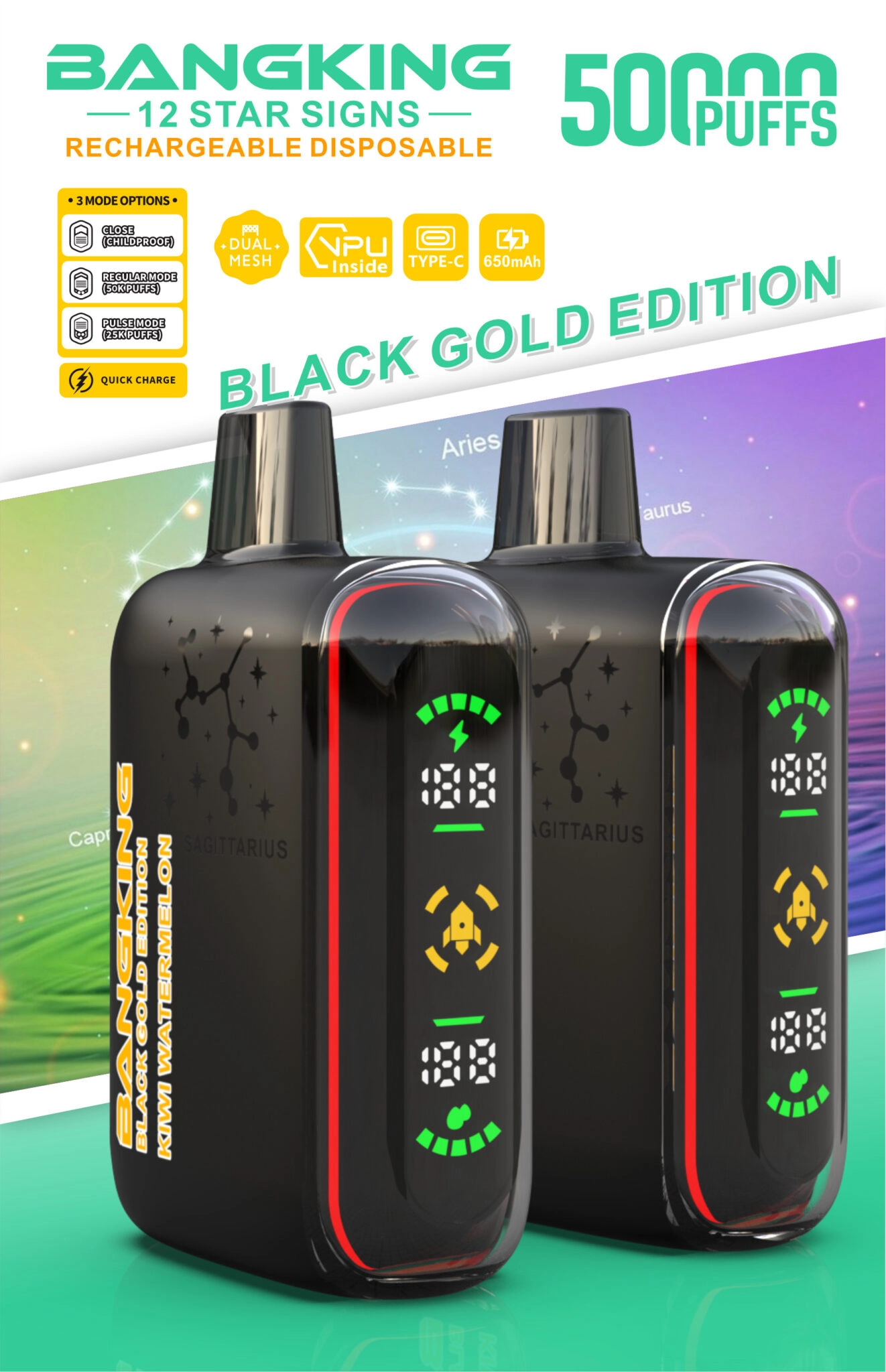 Bang King Zodiac 50000 Puffs Vape in Kiwi Passion Fruit Guava, shown as two Sagittarius devices with front LED displays.