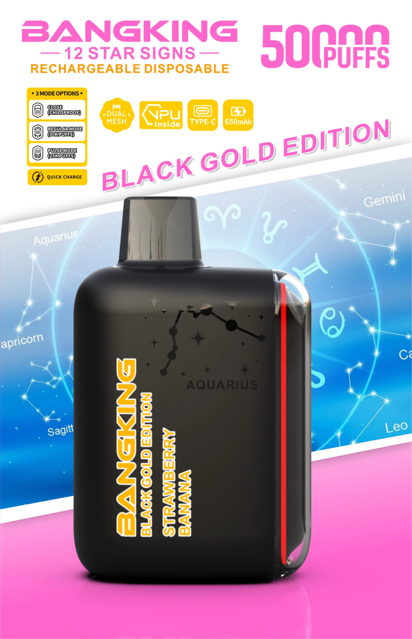 Bang King Zodiac 50000 Puffs Vape in Strawberry Banana, featuring Aquarius constellation artwork and a Black Gold Edition device body.
