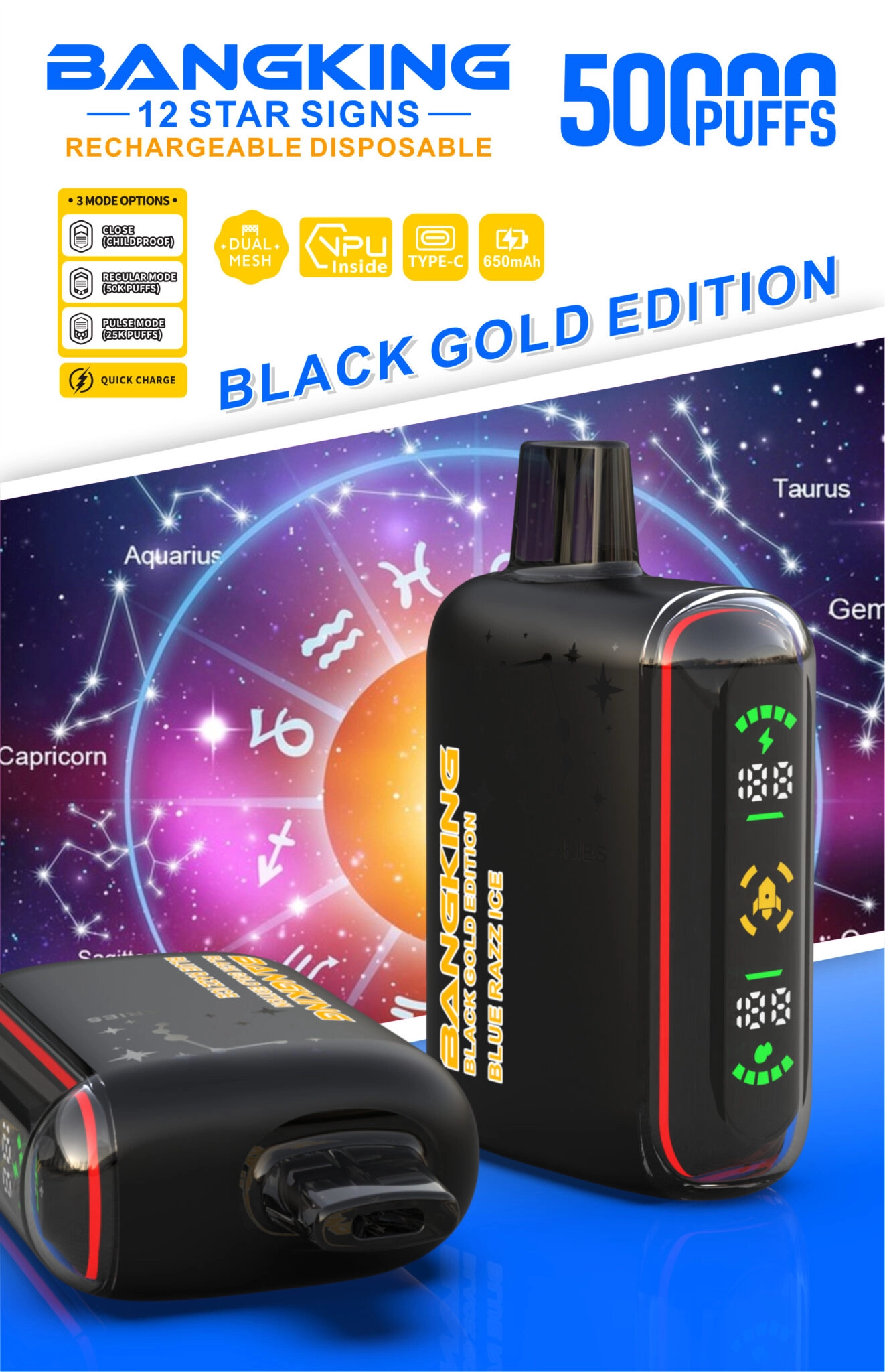 Bang King Zodiac 50000 Puffs Vape in Blue Razz Ice, with front display and base view showing the device charging port.