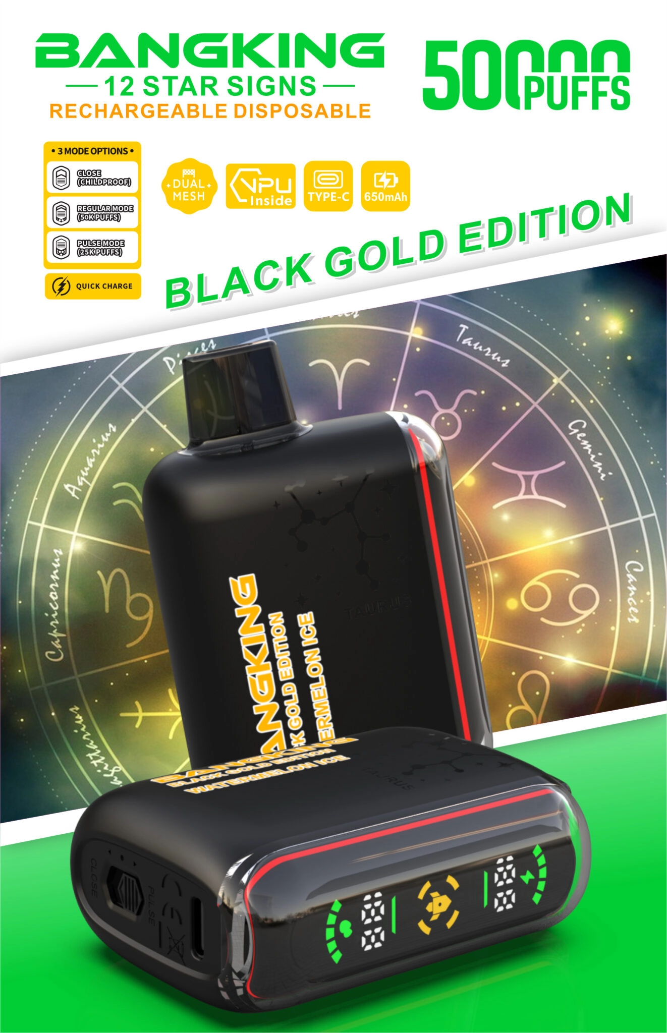 Bang King Zodiac 50000 Puffs Vape in Triple Melon Ice, shown with Taurus constellation artwork, front display and base controls.