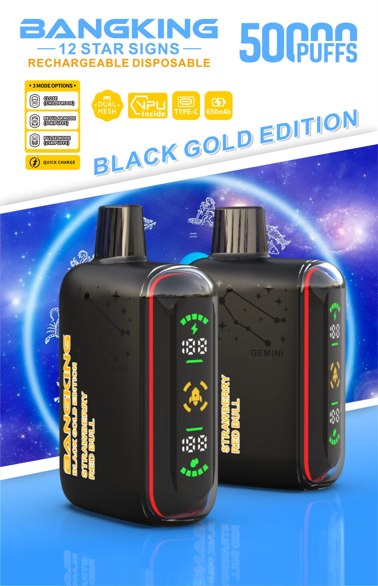 Bang King Zodiac 50000 Puffs Vape in Strawberry Red Bull, showing two Gemini devices with front LED status displays.