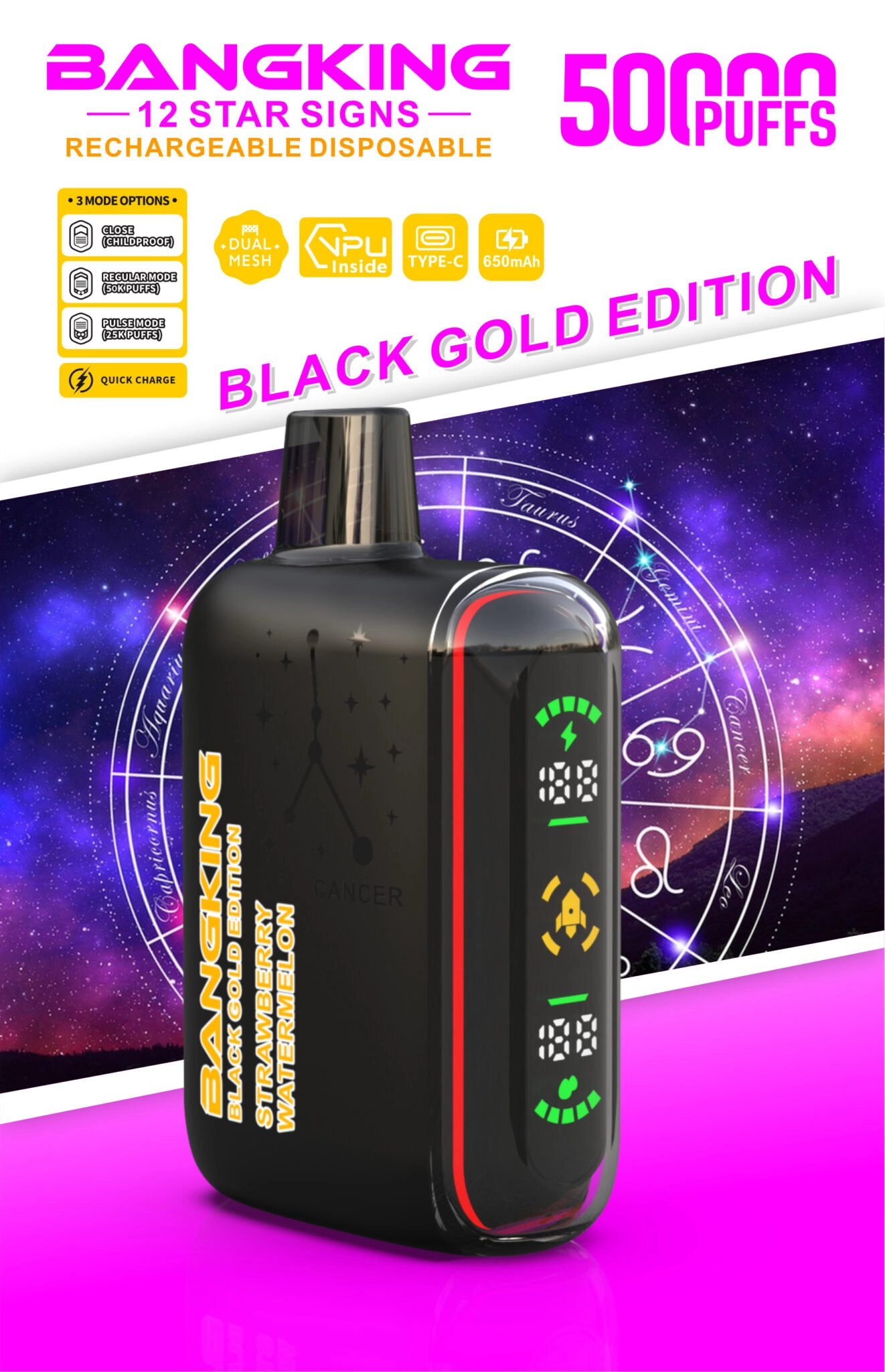 Bang King Zodiac 50000 Puffs Vape in Strawberry Watermelon, featuring Cancer constellation artwork and a front LED status display.