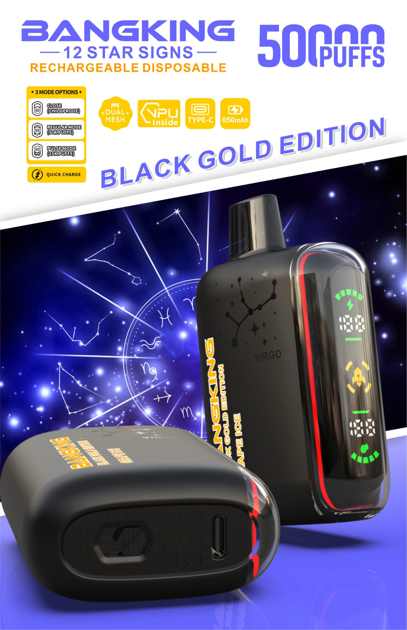 Bang King Zodiac 50000 Puffs Vape in Peach Ice, showing Virgo constellation artwork with front display and Type-C charging port.