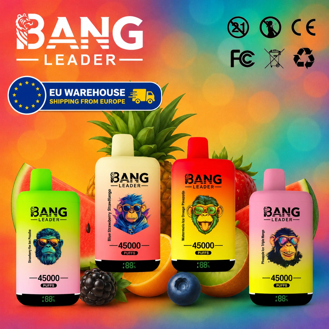 Bang Leader 45000 02 leader 45000 puffs vape eu vape flavor design with device artwork and matching product packaging.