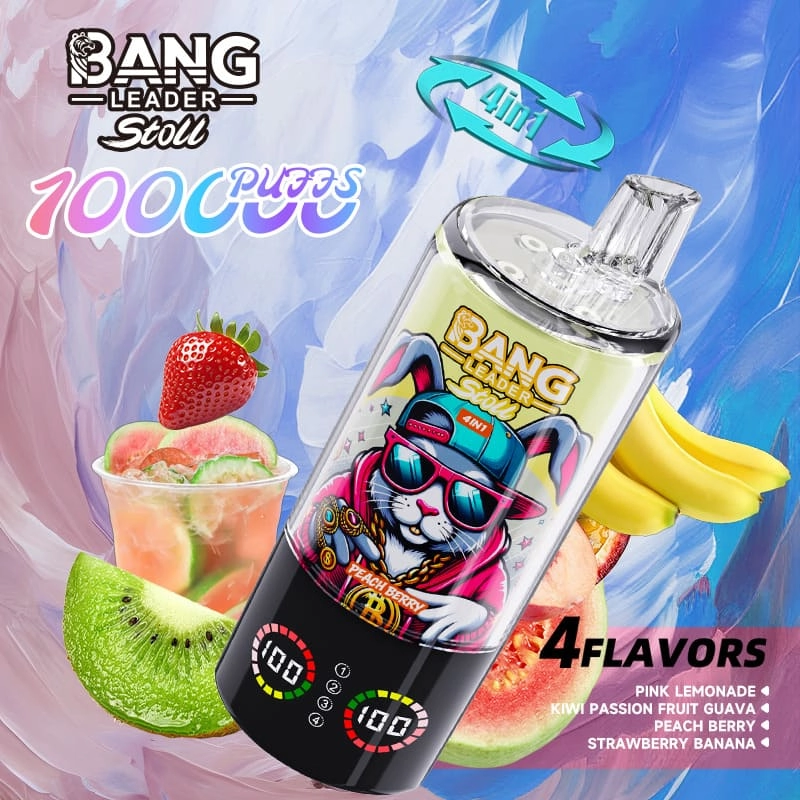 Bang Leader Stoll 100K Disposable Vape with Pink Lemonade, Kiwi Passion Fruit Guava, Peach Berry, and Strawberry Banana.