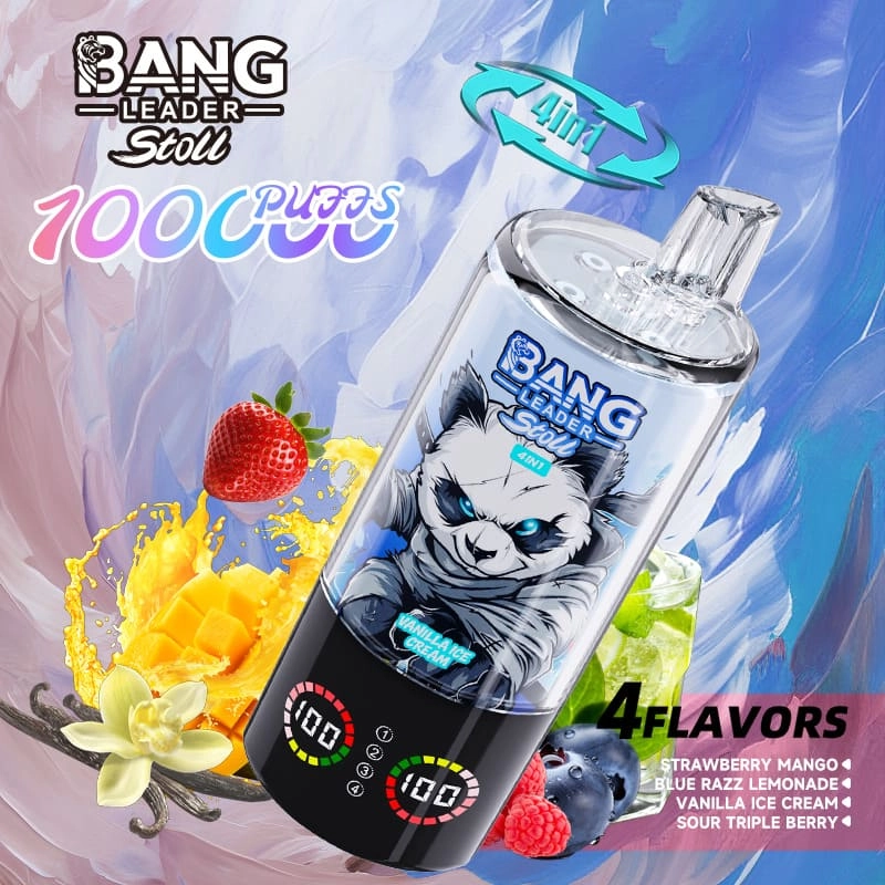 Bang Leader Stoll 100K Disposable Vape with Strawberry Mango, Blue Razz Lemonade, Vanilla Ice Cream, and Sour Triple Berry.