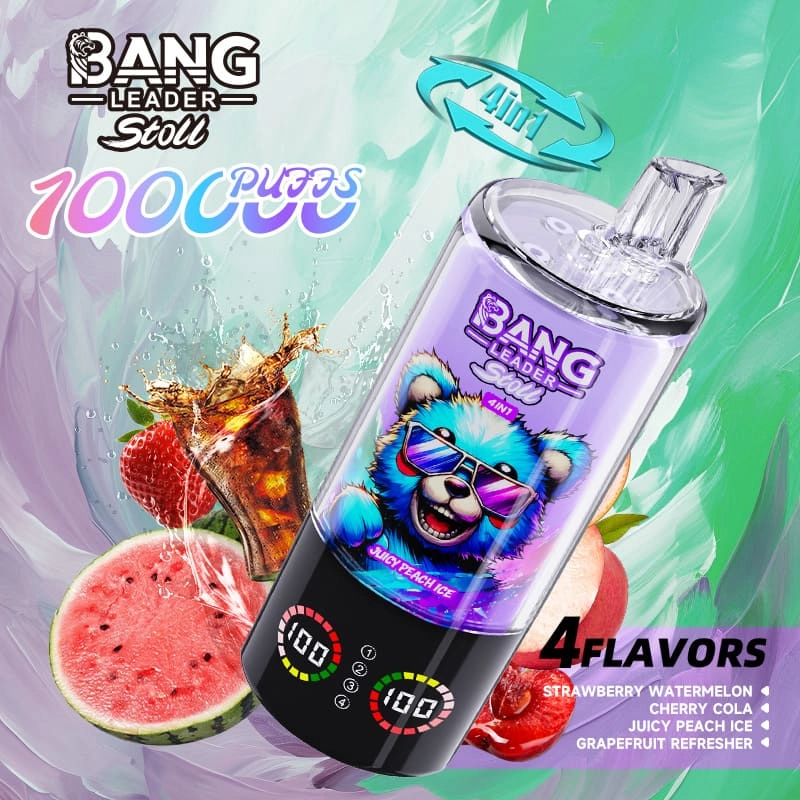 Bang Leader Stoll 100K Disposable Vape with Strawberry Watermelon, Cherry Cola, Juicy Peach Ice, and Grapefruit Refresher.