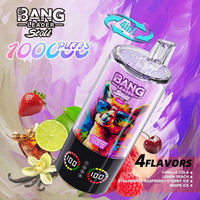 Bang Leader Stoll 100K Disposable Vape with Vanilla Cola, Lemon Peach, Strawberry Raspberry Cherry Ice, and Grape Ice.