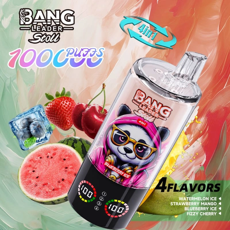 Bang Leader Stoll 100K Disposable Vape with Watermelon Ice, Strawberry Mango, Blueberry Ice, and Fizzy Cherry.