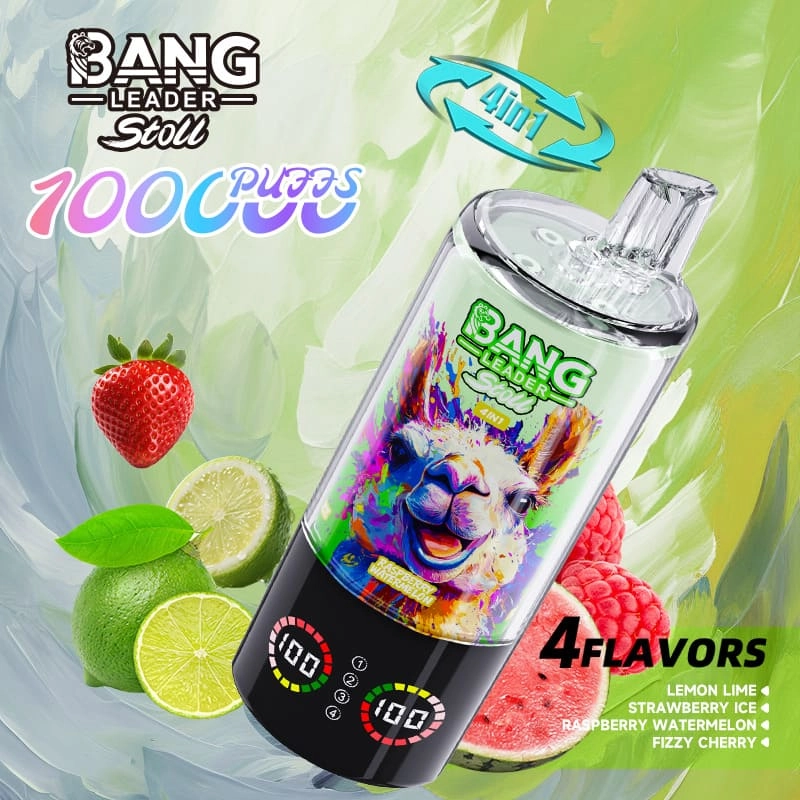 Bang Leader Stoll 100K Disposable Vape with Lemon Lime, Strawberry Ice, Raspberry Watermelon, and Fizzy Cherry.