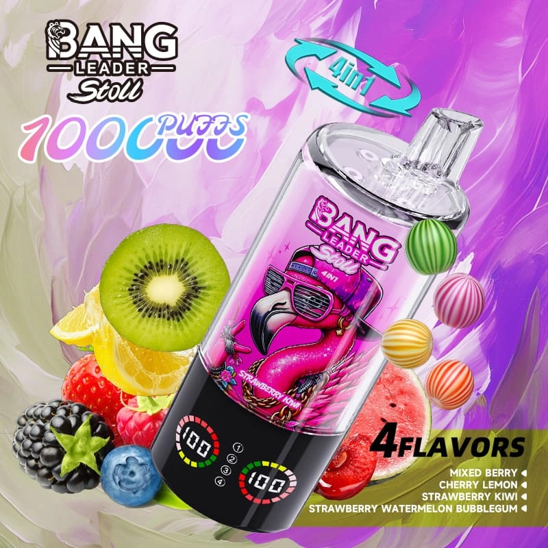 Bang Leader Stoll 100K Disposable Vape with Mixed Berry, Cherry Lemon, Strawberry Kiwi, and Strawberry Watermelon Bubblegum.