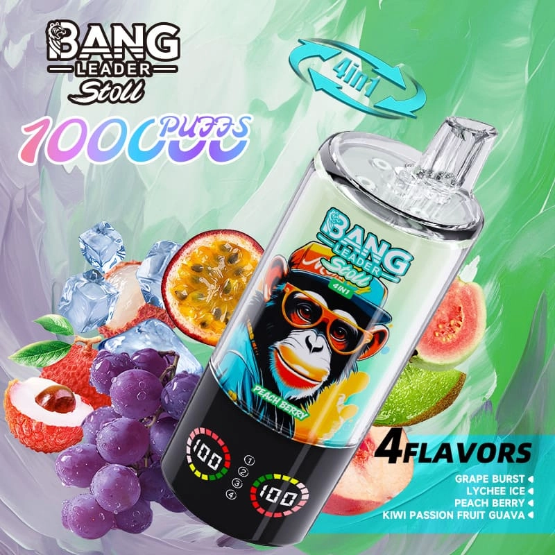 Bang Leader Stoll 100K Disposable Vape with Grape Burst, Lychee Ice, Peach Berry, and Kiwi Passion Fruit Guava.