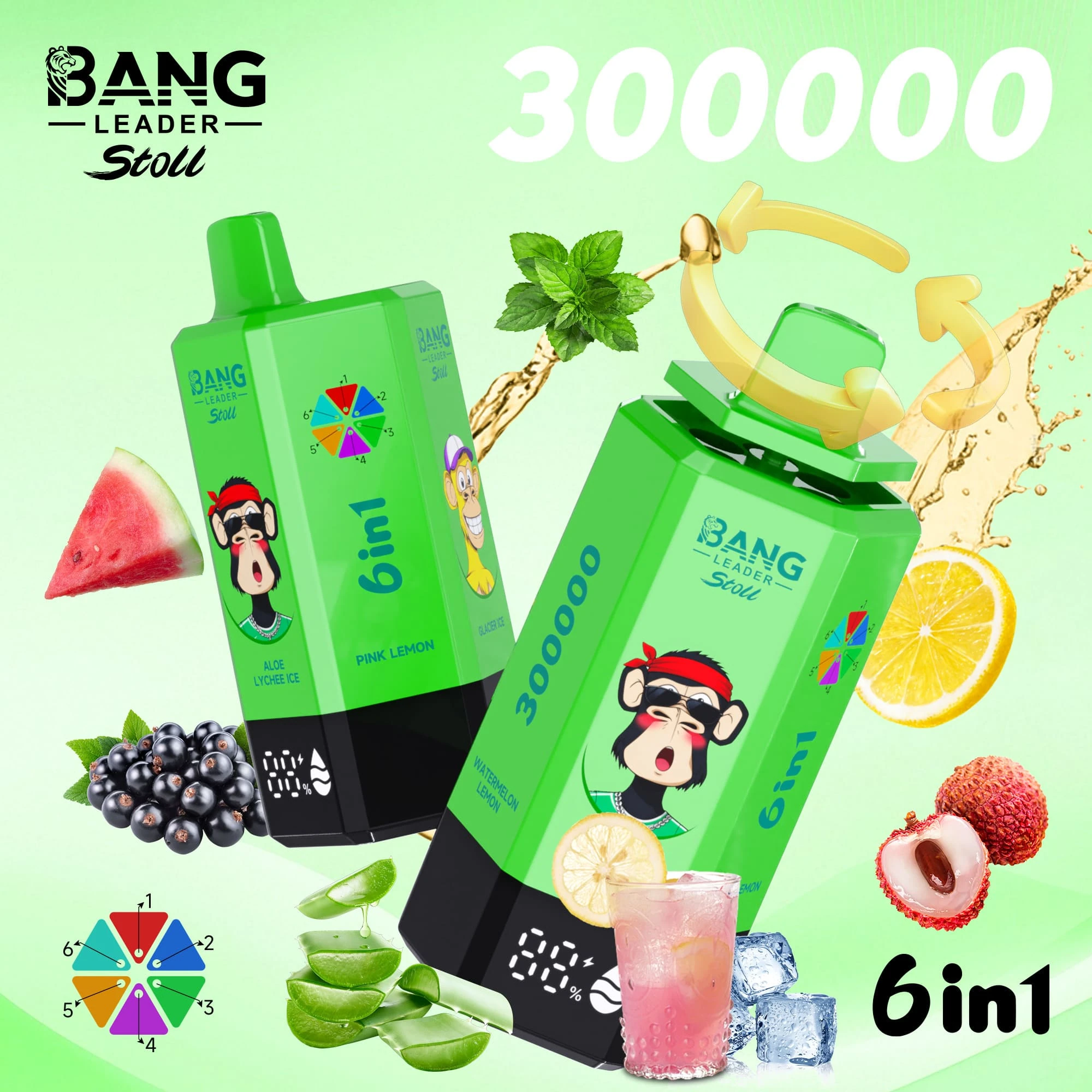 Bang Leader Stoll 300000 02 Leader Stoll 300000 drag, e-cigarett med smakerna Aloelycheeice, Pinklemon, Glacierice och Pine, designad med motiv från enheten och matchande produktförpackning.