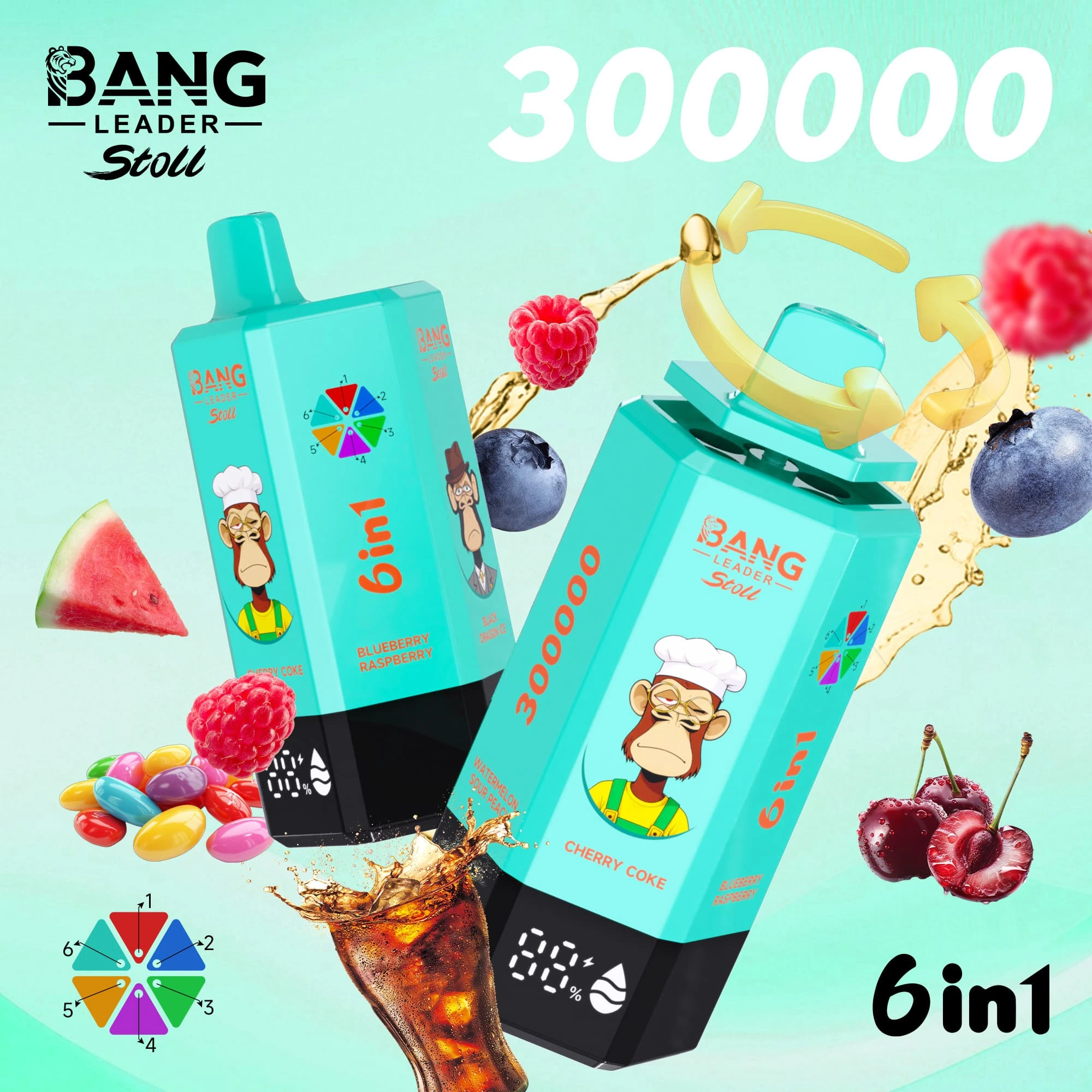 Bang Leader Stoll 300000 03 Leader Stoll 300000 drag, e-cigarett med smakerna Cherry Coke, blåbär och hallon samt Black Drag, med design som återspeglar enheten och matchande produktförpackning.