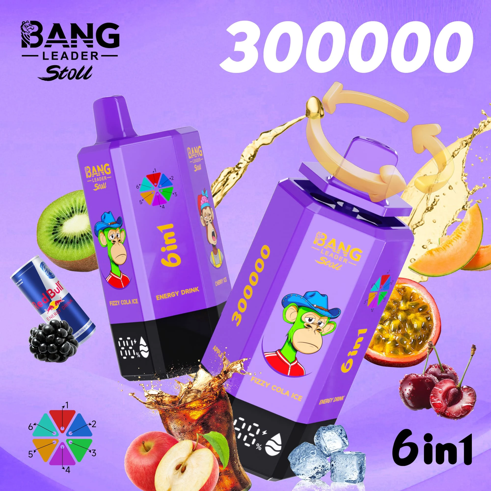 Bang Leader Stoll 300000 04 Leader Stoll 300000 drag, vape med smakerna Colaice, Energydrink, Cherryice och Melonpass – design med motiv från enheten och matchande produktförpackning.