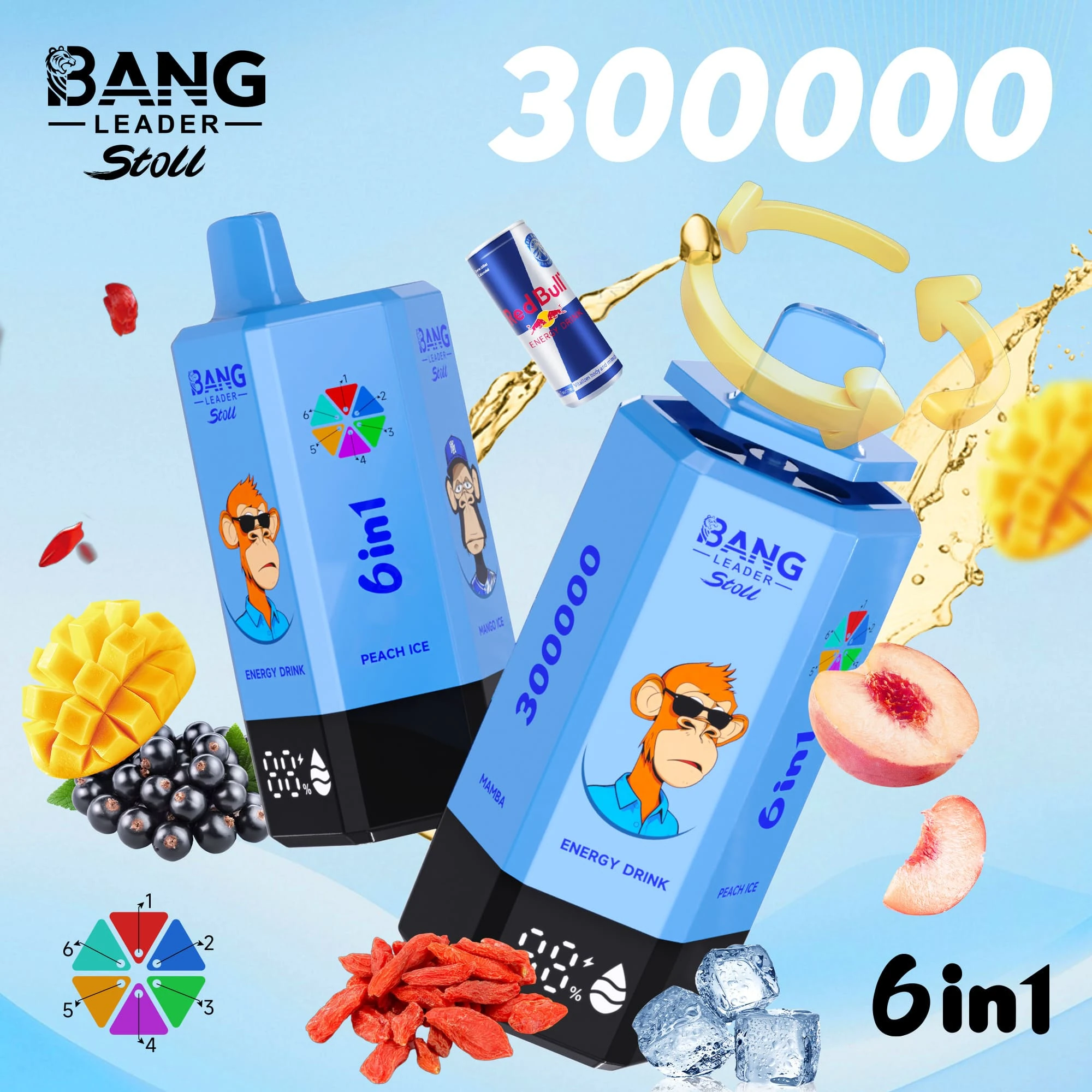 Bang Leader Stoll 300000 05 Leader Stoll 300000 drag, e-cigarett med smak av energidryck, persika, mango och gojibär, design med motiv från enheten och matchande produktförpackning.