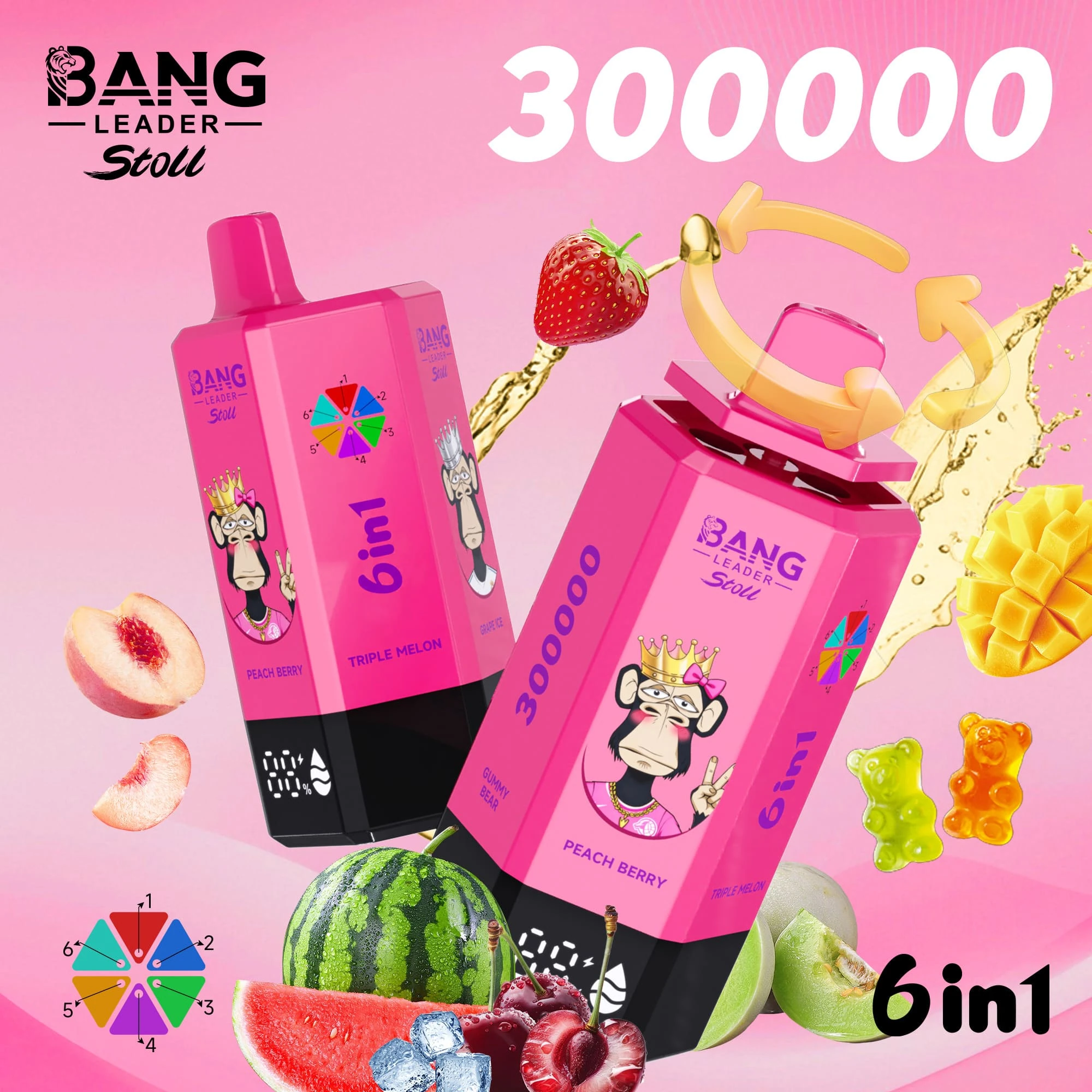 Bang Leader Stoll 300000 06 Leader Stoll 300000 drag, e-cigarett med smakerna persika, bär, trippelmelon, grapeice och blackdr, design med motiv från enheten och matchande produktförpackning.