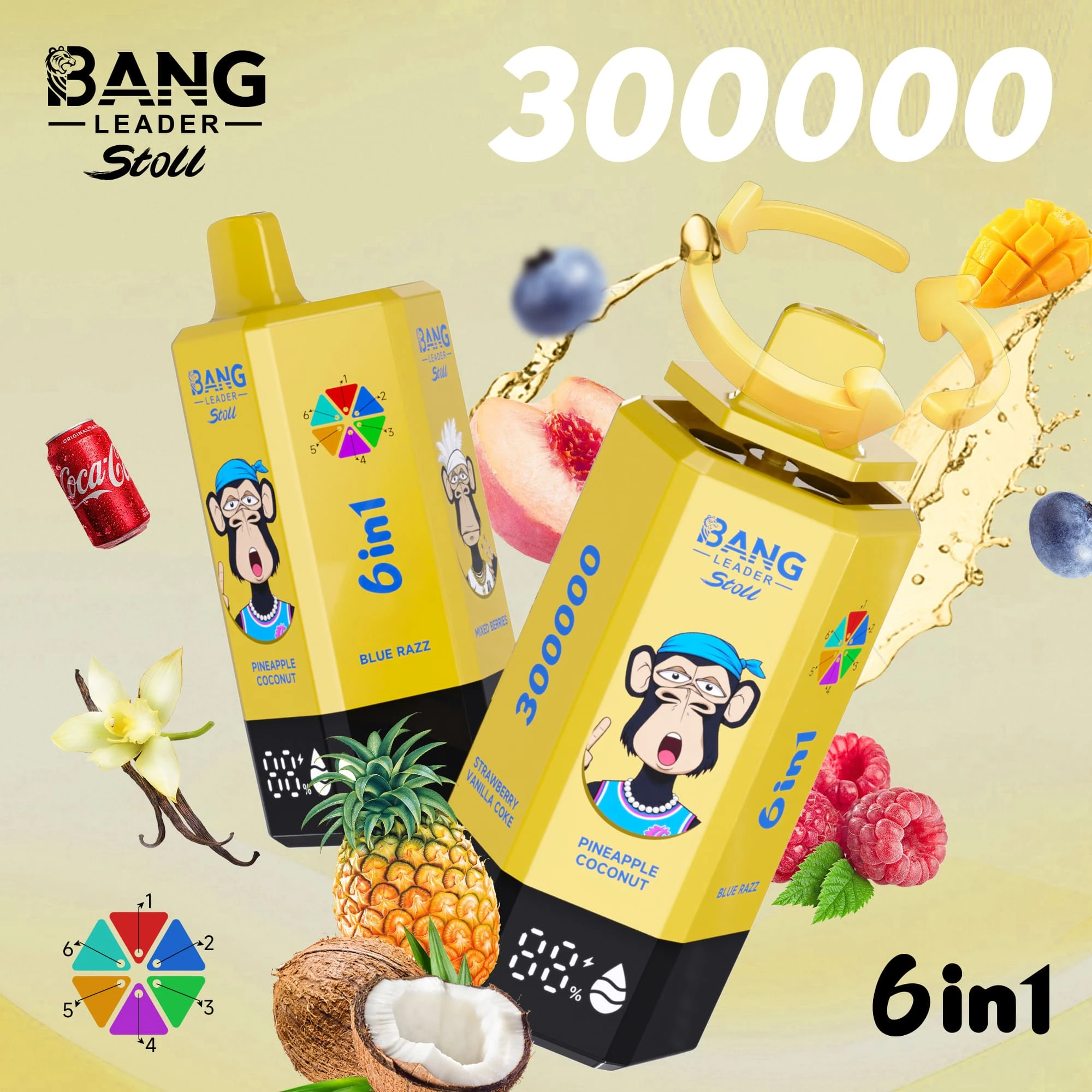 Bang Leader Stoll 300000 07 Leader Stoll 300000 drag, e-cigarett med smak av ananas-kokos och bluerazz-blandade bär, design med motiv från enheten och matchande produktförpackning.