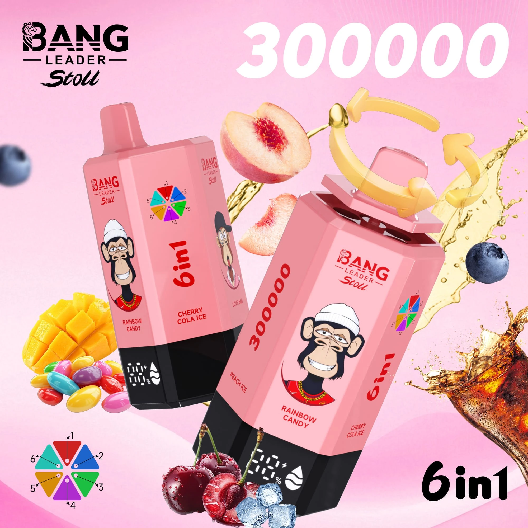 Bang Leader Stoll 300000 08 – Leader Stoll 300000, 300 000 drag, vape med smakerna Rainbow Candy, Cherry Cola Ice och Love666, mang-vape-smakdesign med motiv på enheten och matchande produktförpackning.