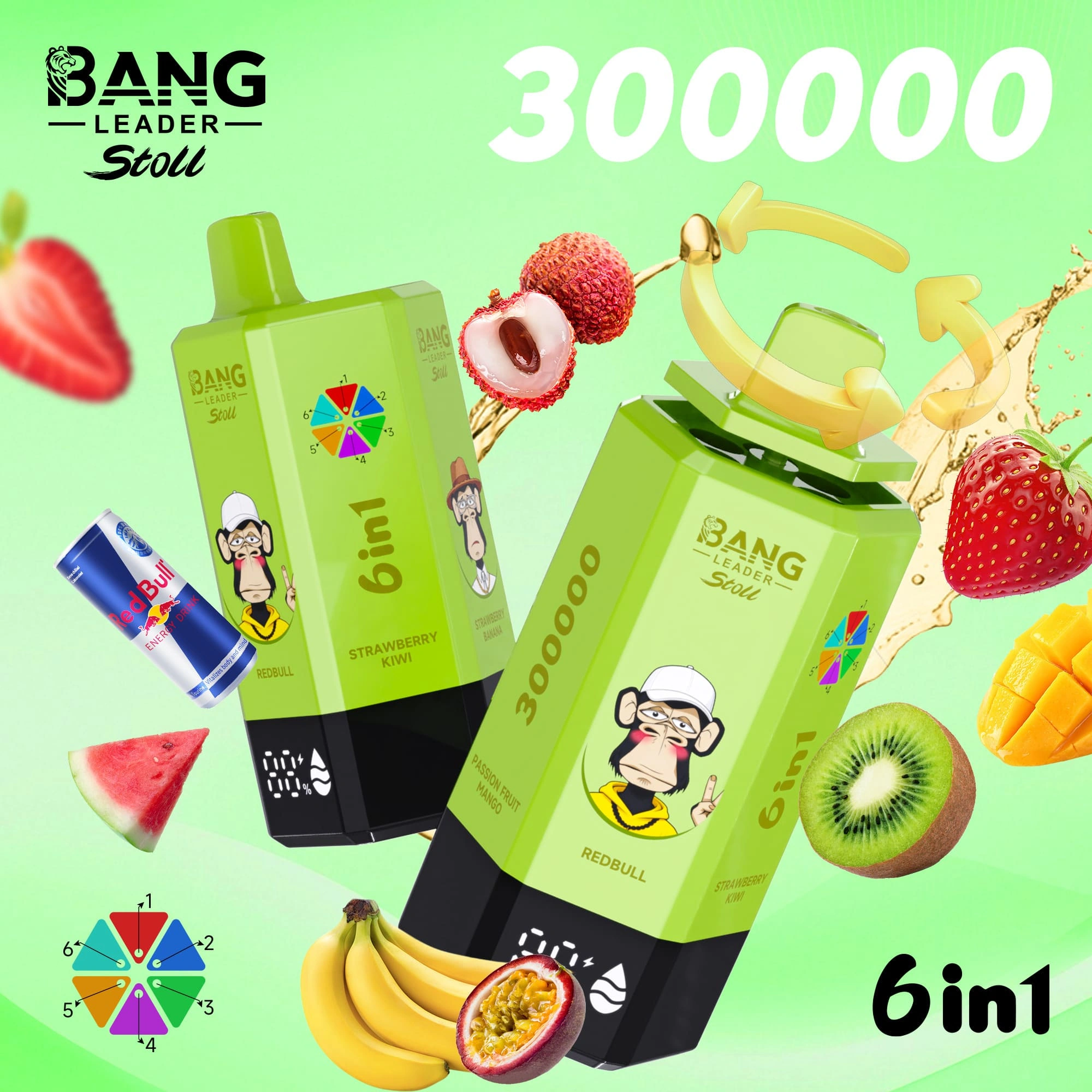 Bang Leader Stoll 300000 09 Leader Stoll 300000 drag, e-cigarett med Red Bull- och jordgubbs-kiwi- samt jordgubbs-banan-smak, design med motiv från enheten och matchande produktförpackning.