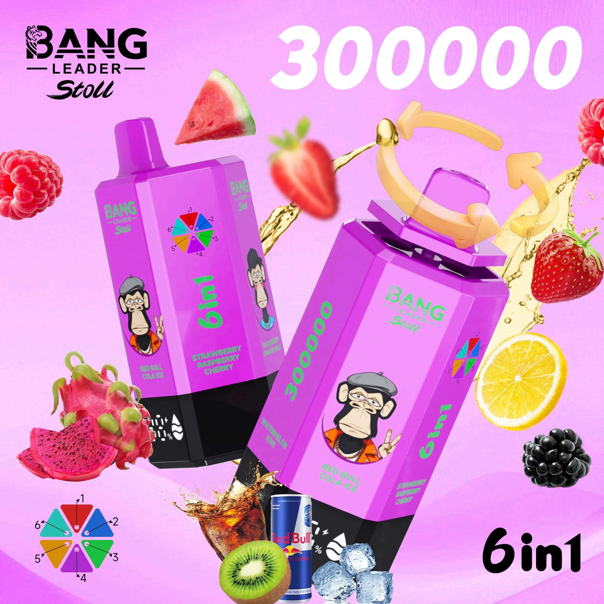 Bang Leader Stoll 300000 10 Leader Stoll 300000 drag – vape med smakerna Red Bull, cola, is, jordgubb, hallon och körsbär, med design som inkluderar enhetens illustrationer och matchande produktförpackning.