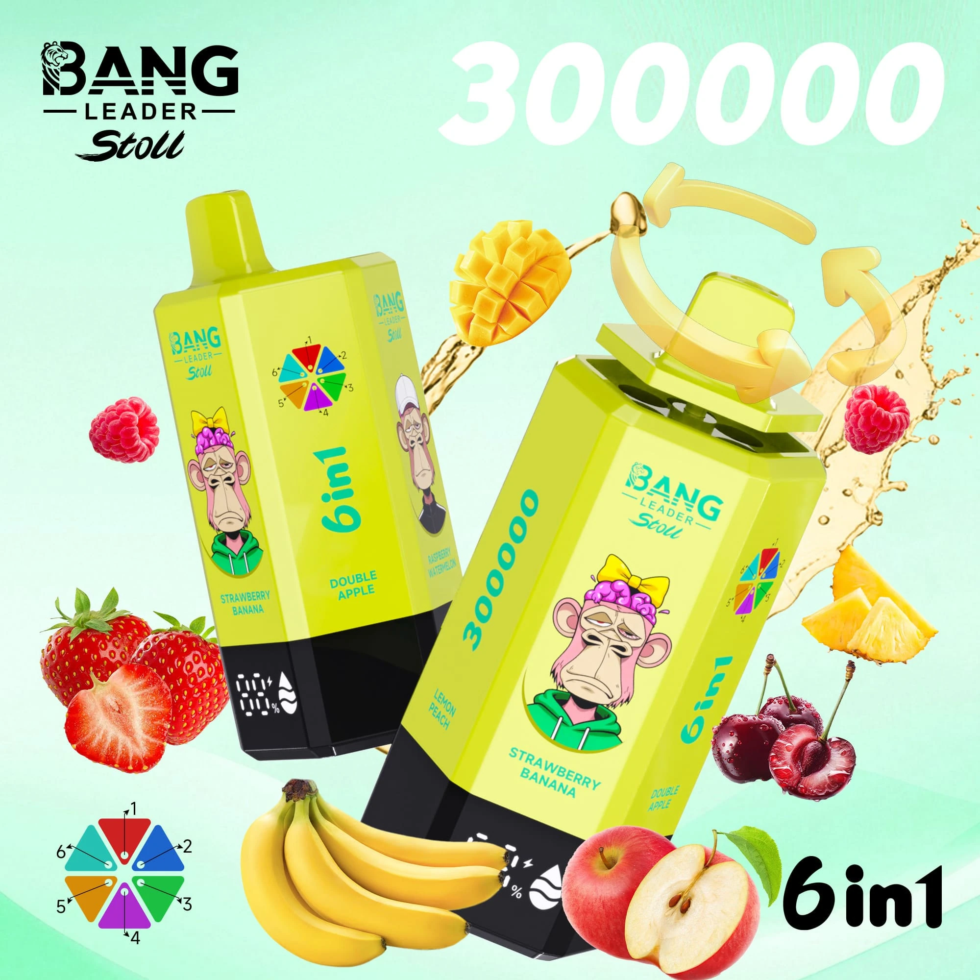 Bang Leader Stoll 300000 11 Leader Stoll 300000 drag – e-cigarett med smak av jordgubbe, banan, dubbel äpple och hallon, med design som återspeglar enheten och matchande produktförpackning.