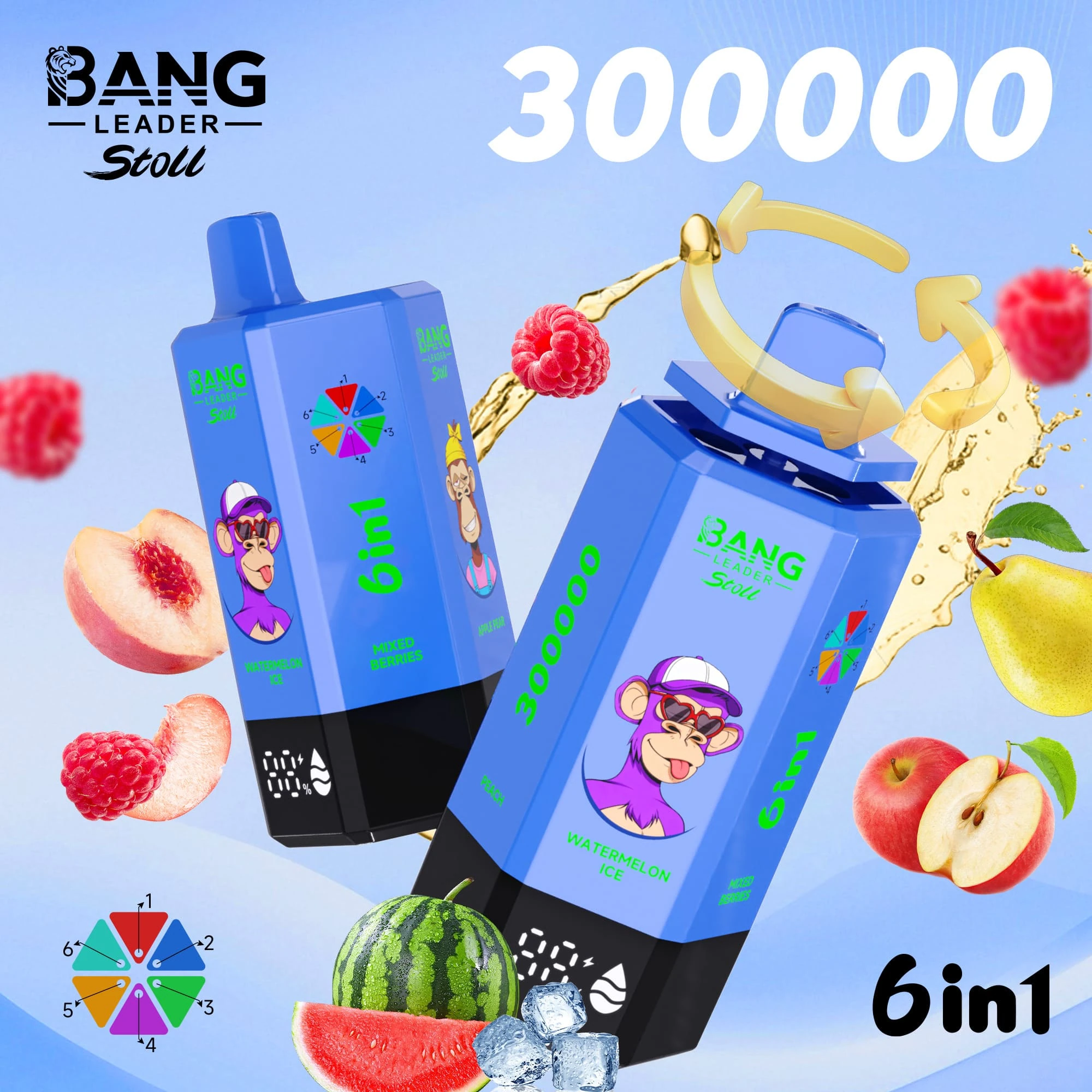 Bang Leader Stoll 300000 12 Leader Stoll 300000 drag – e-cigarett med smakerna vattenmelon, is, blandade bär, äpple och päron (bl) – design med motiv från enheten och matchande produktförpackning.