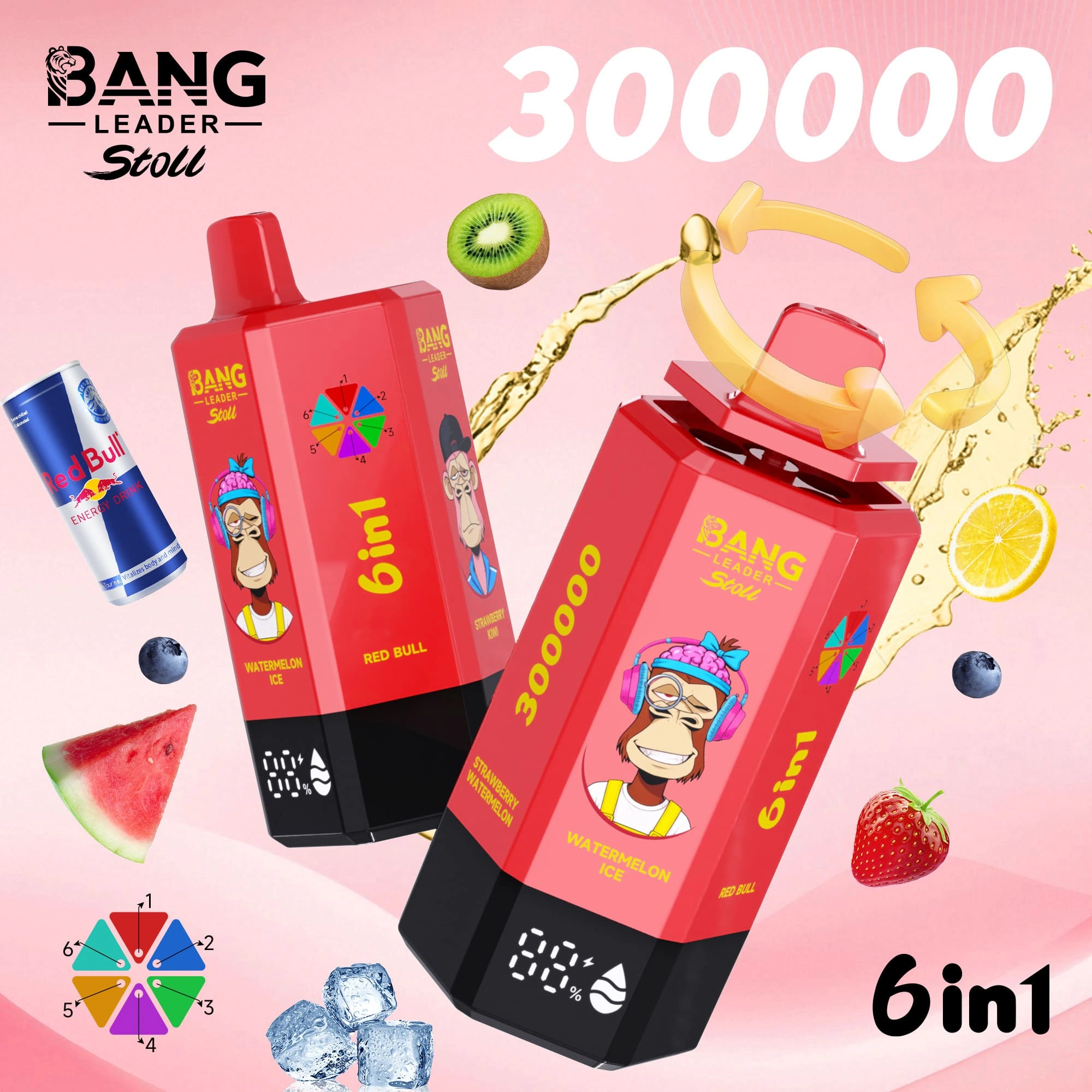 Bang Leader Stoll 300000 13 Leader Stoll 300000 drag – e-cigarett med smakerna vattenmelon, is, Red Bull, jordgubb och kiwi, samt design med motiv från enheten och matchande produktförpackning.