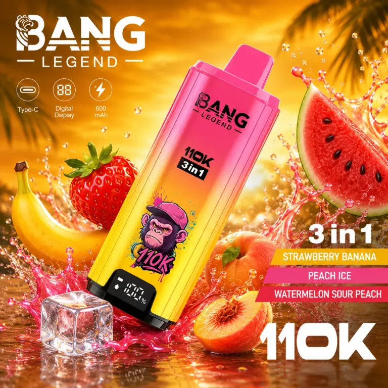 Bang Legend 110K 3 in 1 Disposable Vape Strawberry Banana, Peach Ice, Watermelon Sour Peach flavor