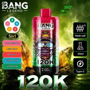 Bang Legend 120K 5-in-1 disposable vape with Watermelon Ice, Mixed Berry, Apple Pear, Blueberry Mint and Summer Time flavors