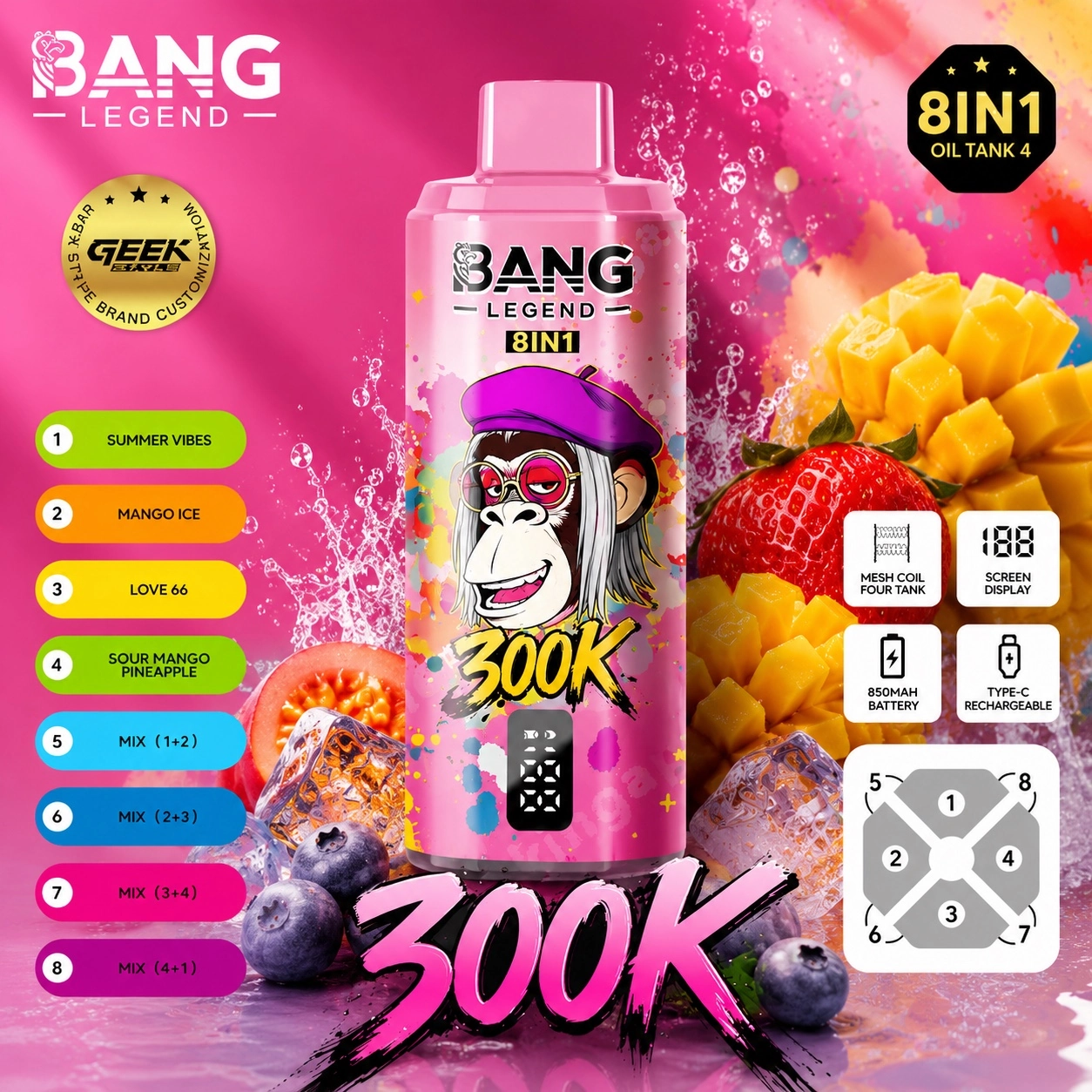 Bang Legend 300K Vape 8 in 1 Summer Vibes Mango Ice disposable vape with fruit flavor display