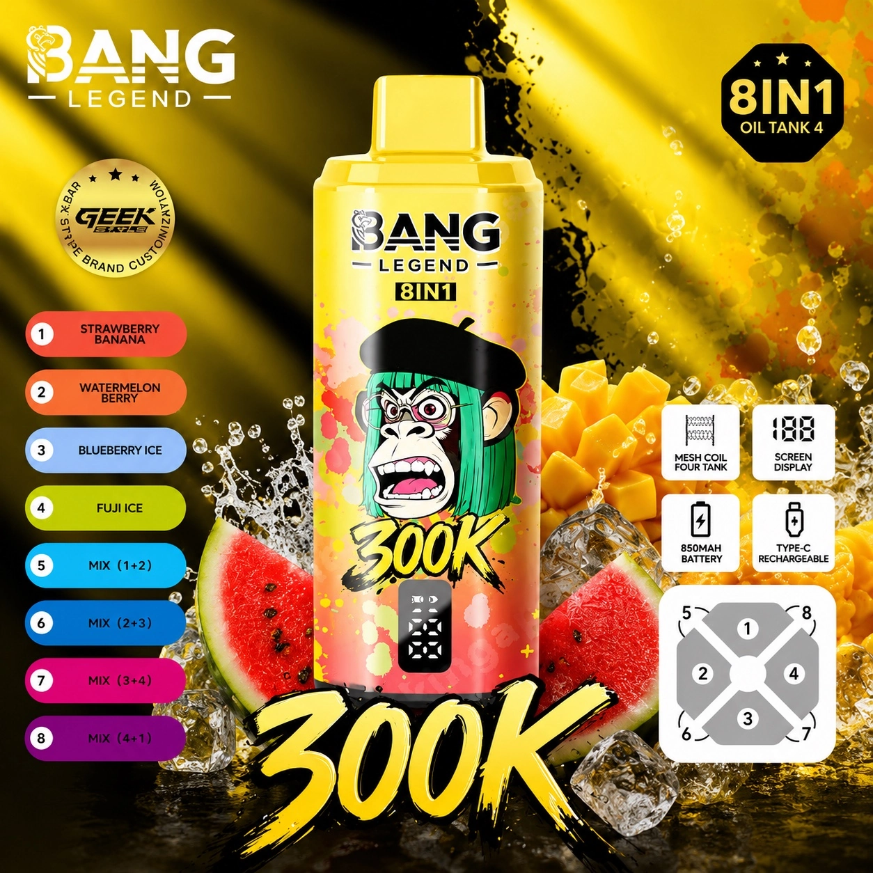 Bang Legend 300K Vape 8 in 1 Strawberry Banana Watermelon Berry disposable vape with 300K puffs