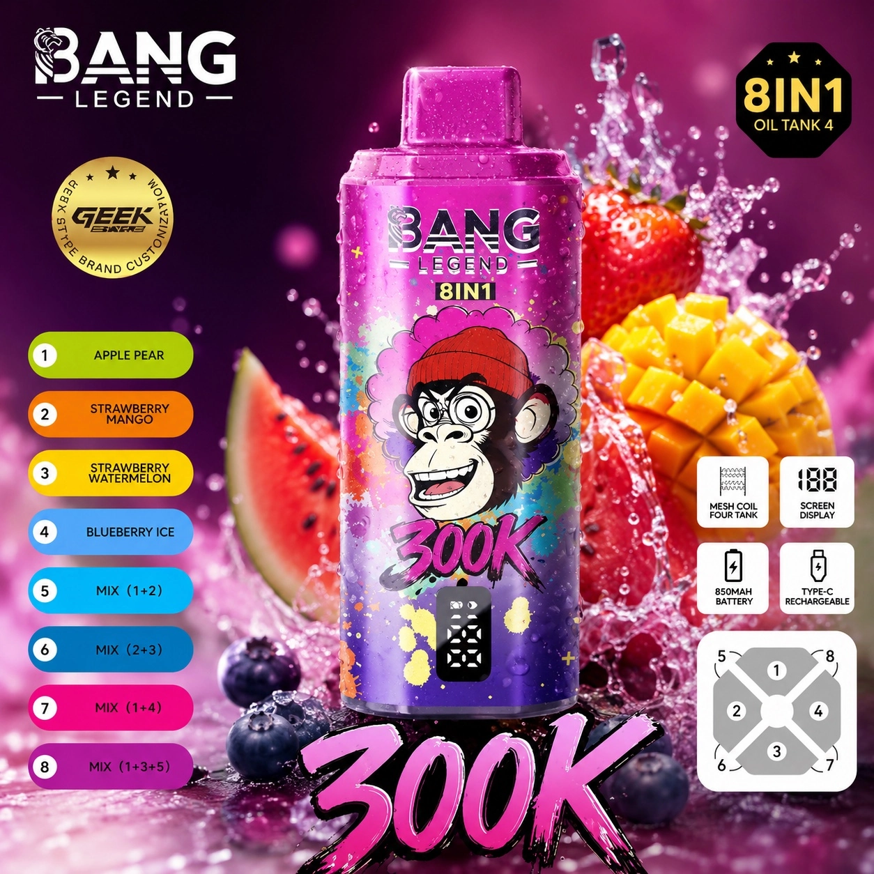 Bang Legend 300K Vape 8 in 1 Apple Pear Strawberry Mango disposable vape with fruity flavor options