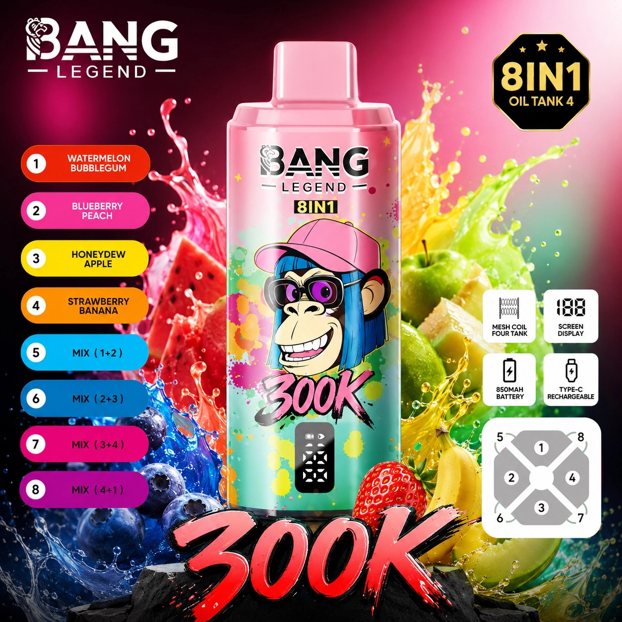Bang Legend 300K Vape 8 in 1 Watermelon Bubblegum Blueberry Peach disposable vape product image