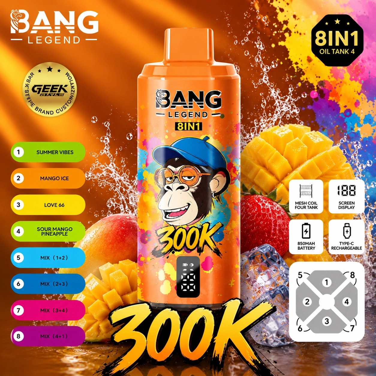 Bang Legend 300K Vape 8 in 1 Orange Summer Vibes Mango Ice disposable vape with mango fruit background