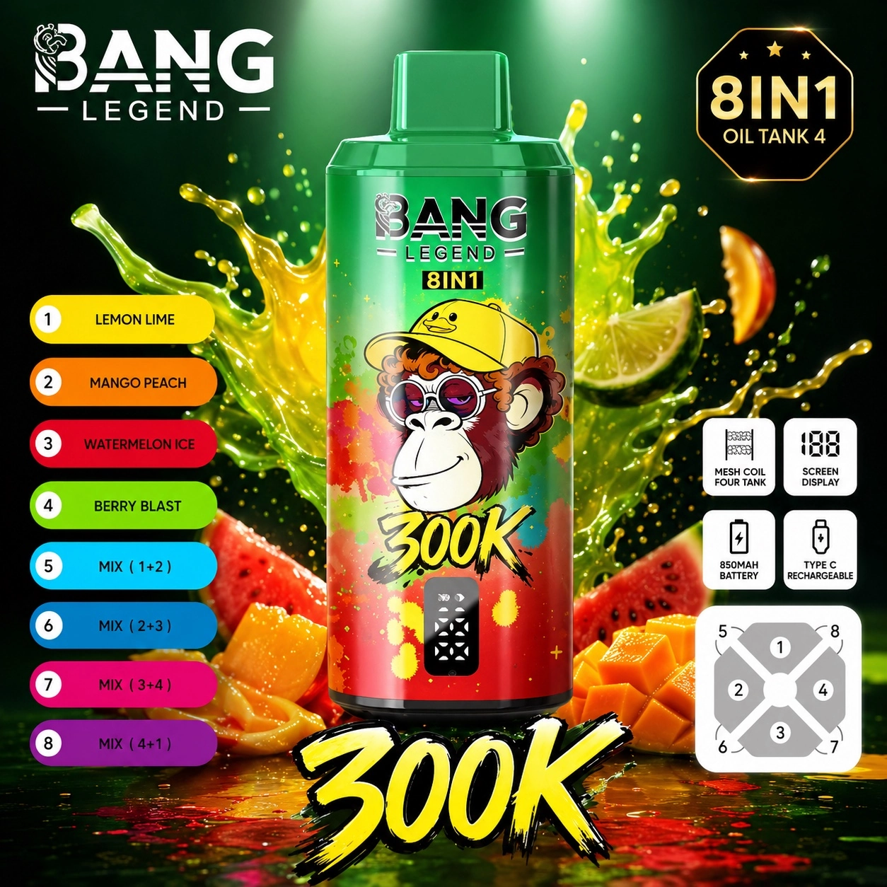 Bang Legend 300K Vape 8 in 1 Lemon Lime Mango Peach disposable vape with fruit splash background