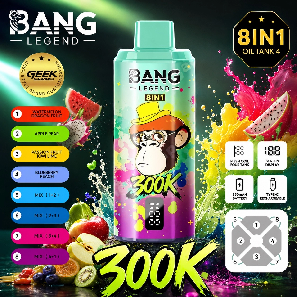 Bang Legend 300K Vape 8 in 1 mint green disposable vape with watermelon dragon fruit apple pear passion fruit kiwi lime and blueberry peach flavors