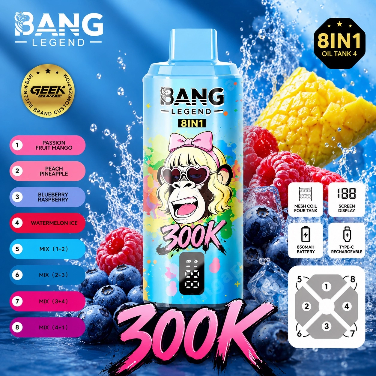 Bang Legend 300K Vape 8 in 1 blue disposable vape with passion fruit mango peach pineapple blueberry raspberry and watermelon ice flavors