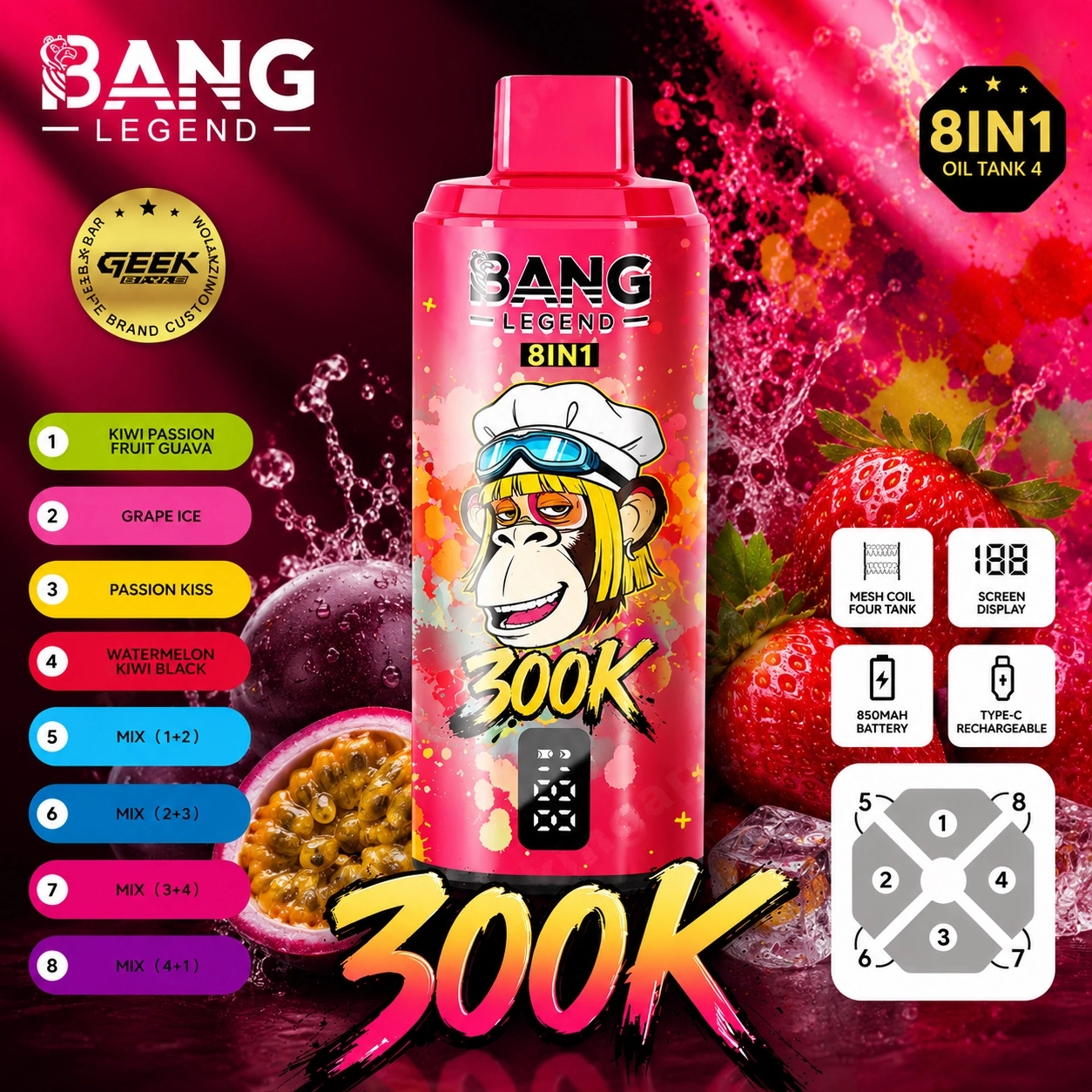 Bang Legend 300K Vape 8 in 1 pink disposable vape with kiwi passion fruit guava grape ice passion kiss and watermelon kiwi black flavors