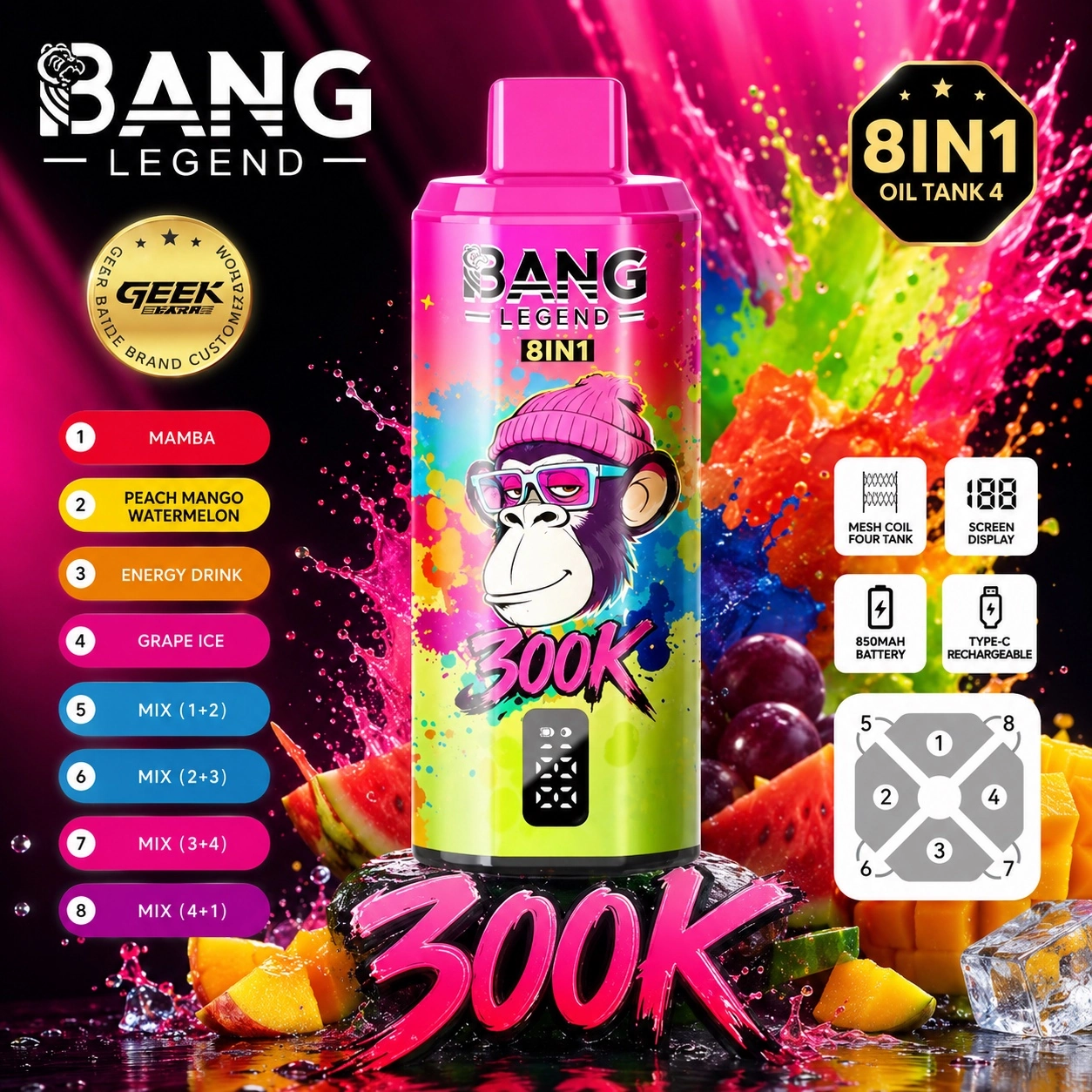Bang Legend 300K Vape 8 in 1 pink green disposable vape with mamba peach mango watermelon energy drink and grape ice flavors