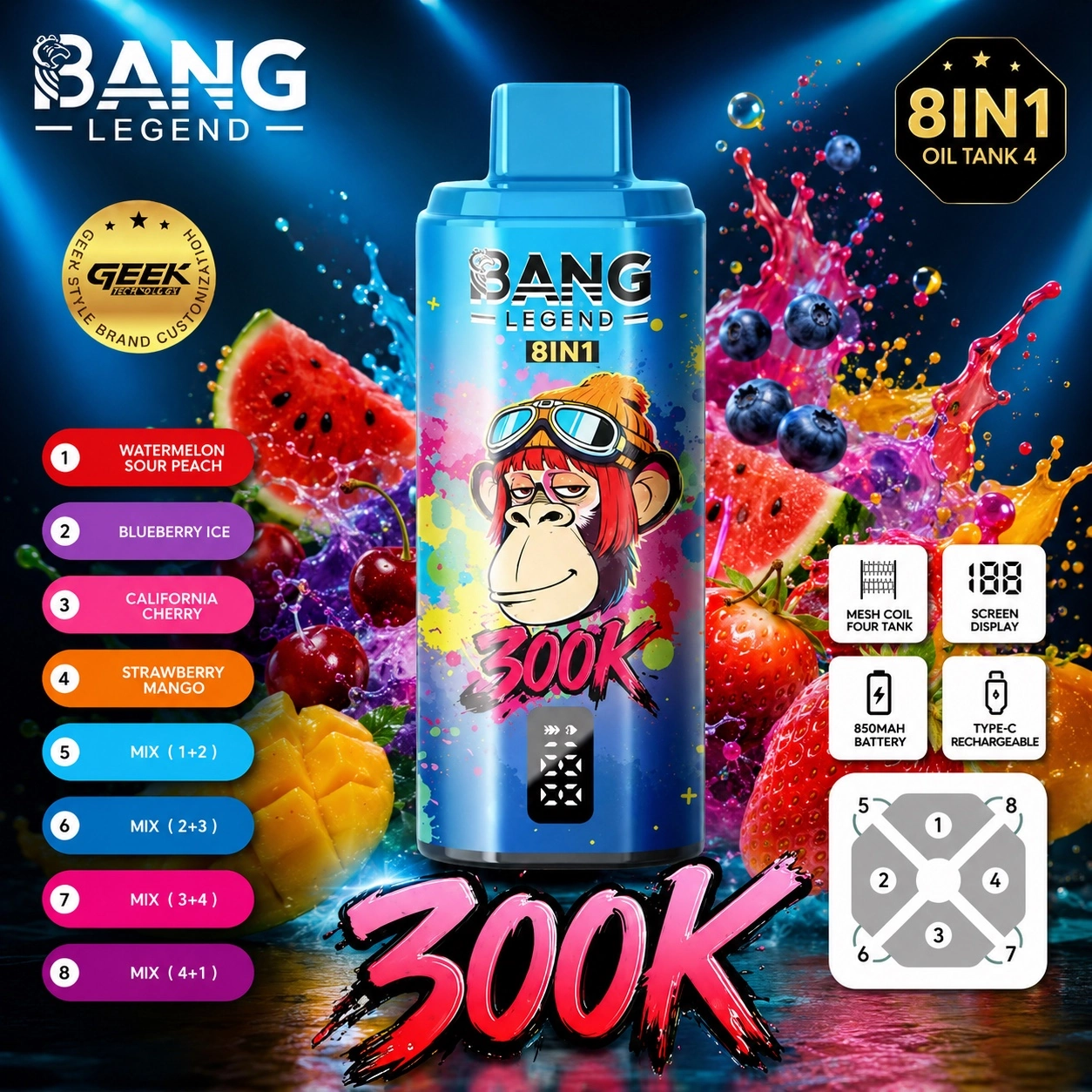 Bang Legend 300K Vape 8 in 1 blue disposable vape with watermelon sour peach blueberry ice California cherry and strawberry mango flavors