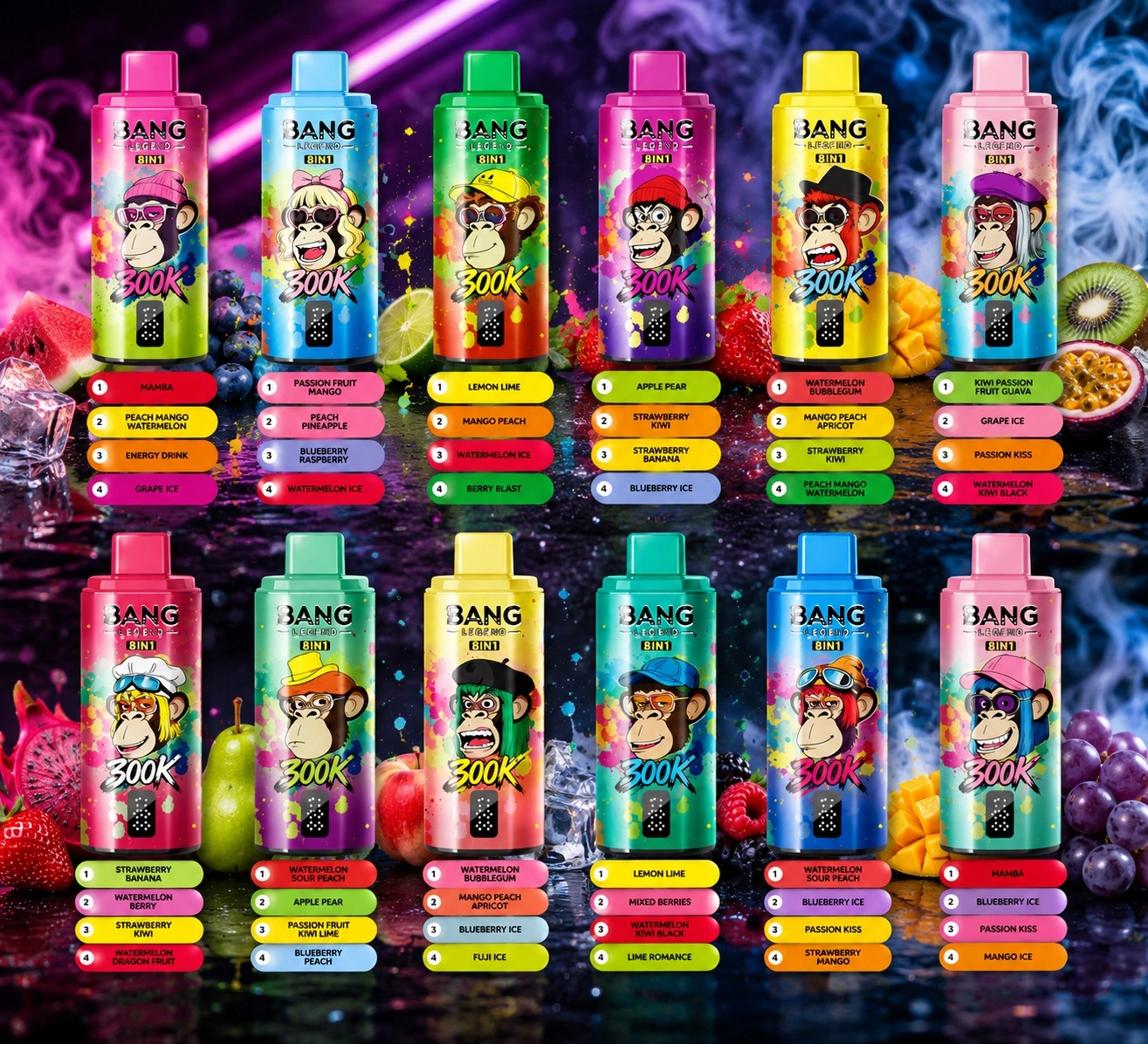 Bang Legend 300K Vape 8 in 1 full flavor collection with 12 colorful disposable vape designs and mixed fruit flavor options