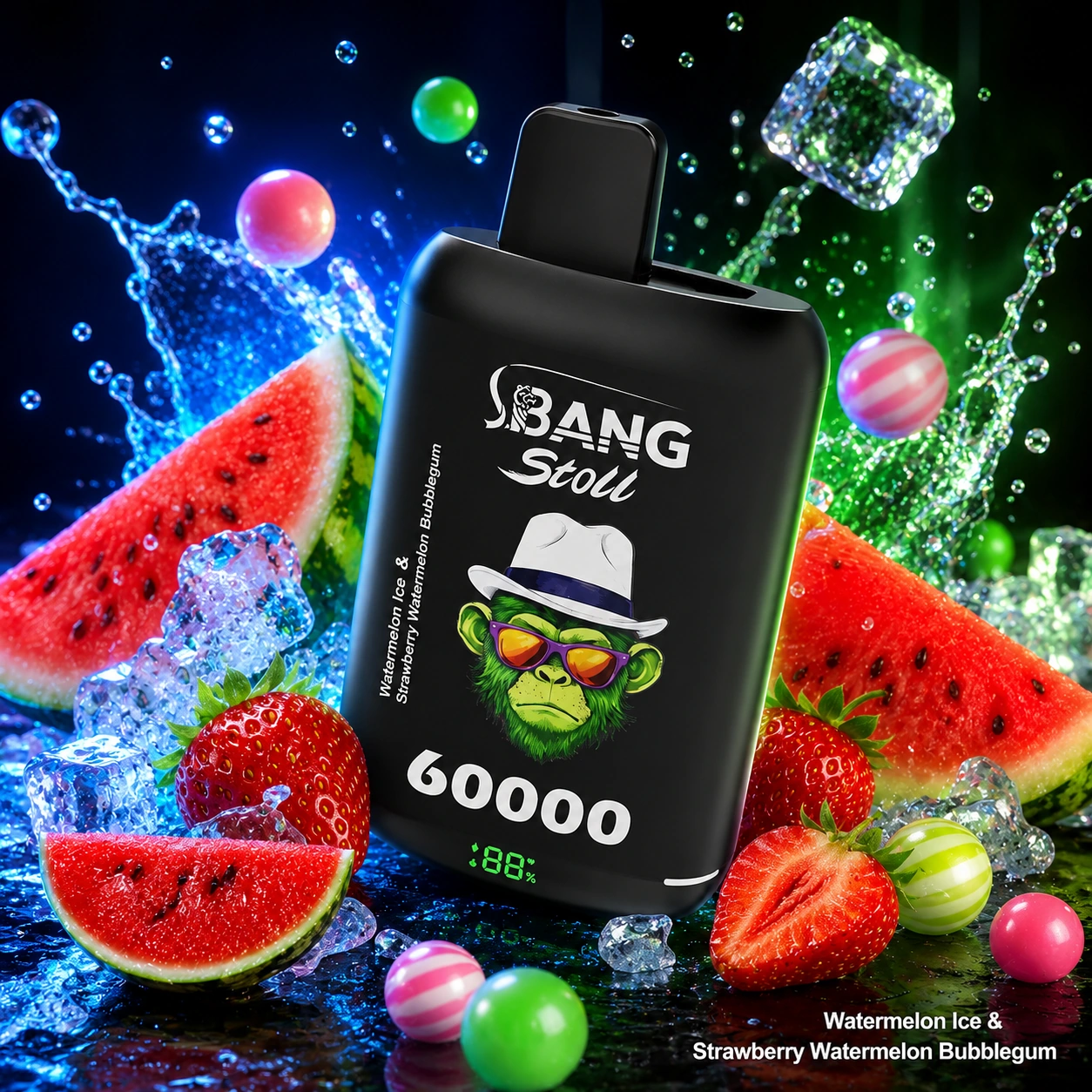 Bang Stoll 60K engångsvape med smakerna Watermelon Ice och Strawberry Watermelon Bubblegum – vattenmelon, jordgubbar och godis