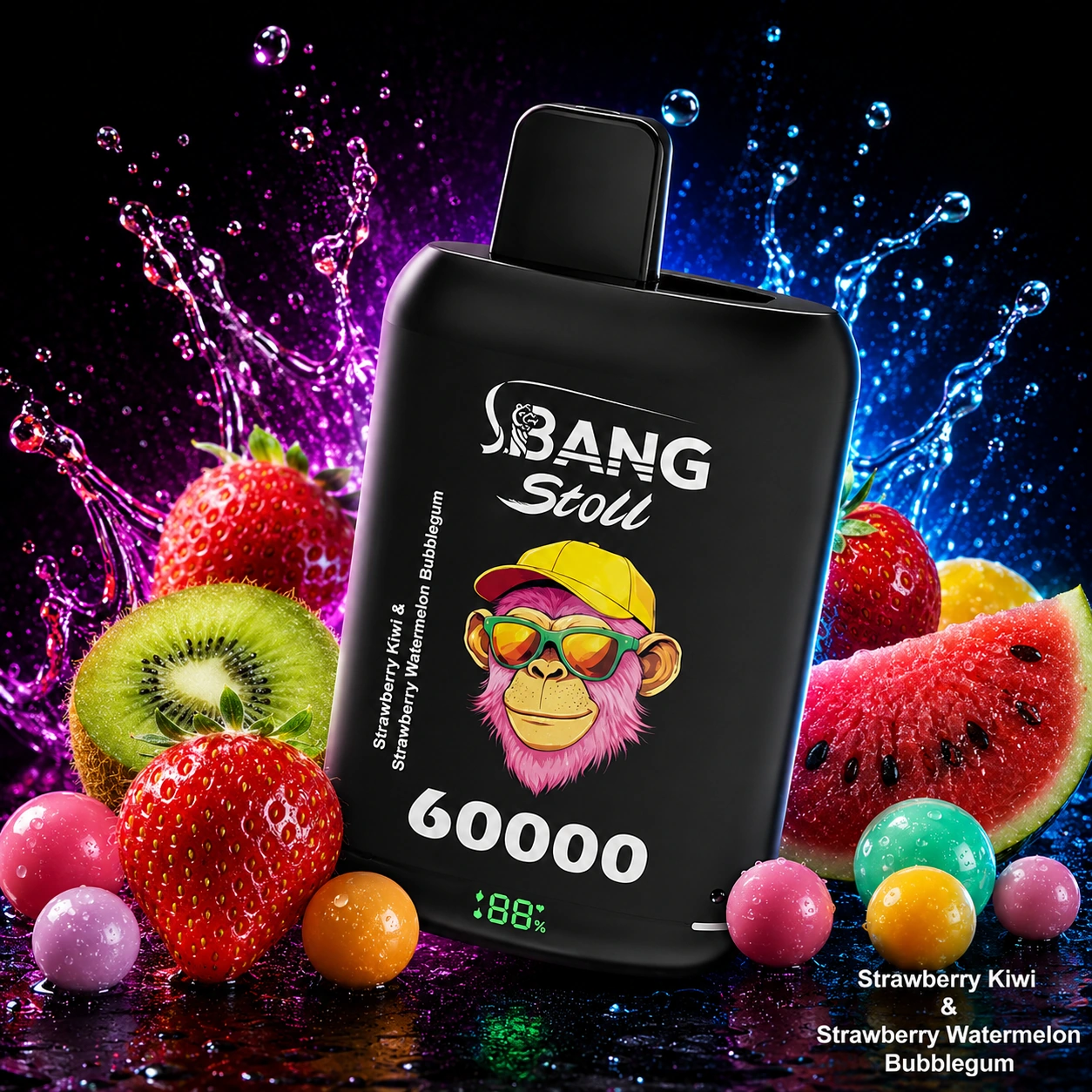 Bang Stoll 60K engångsvape med smakerna jordgubbe-kiwi och jordgubbe-vattenmelon-bubbelgum, kiwi, vattenmelon, jordgubbe och godis